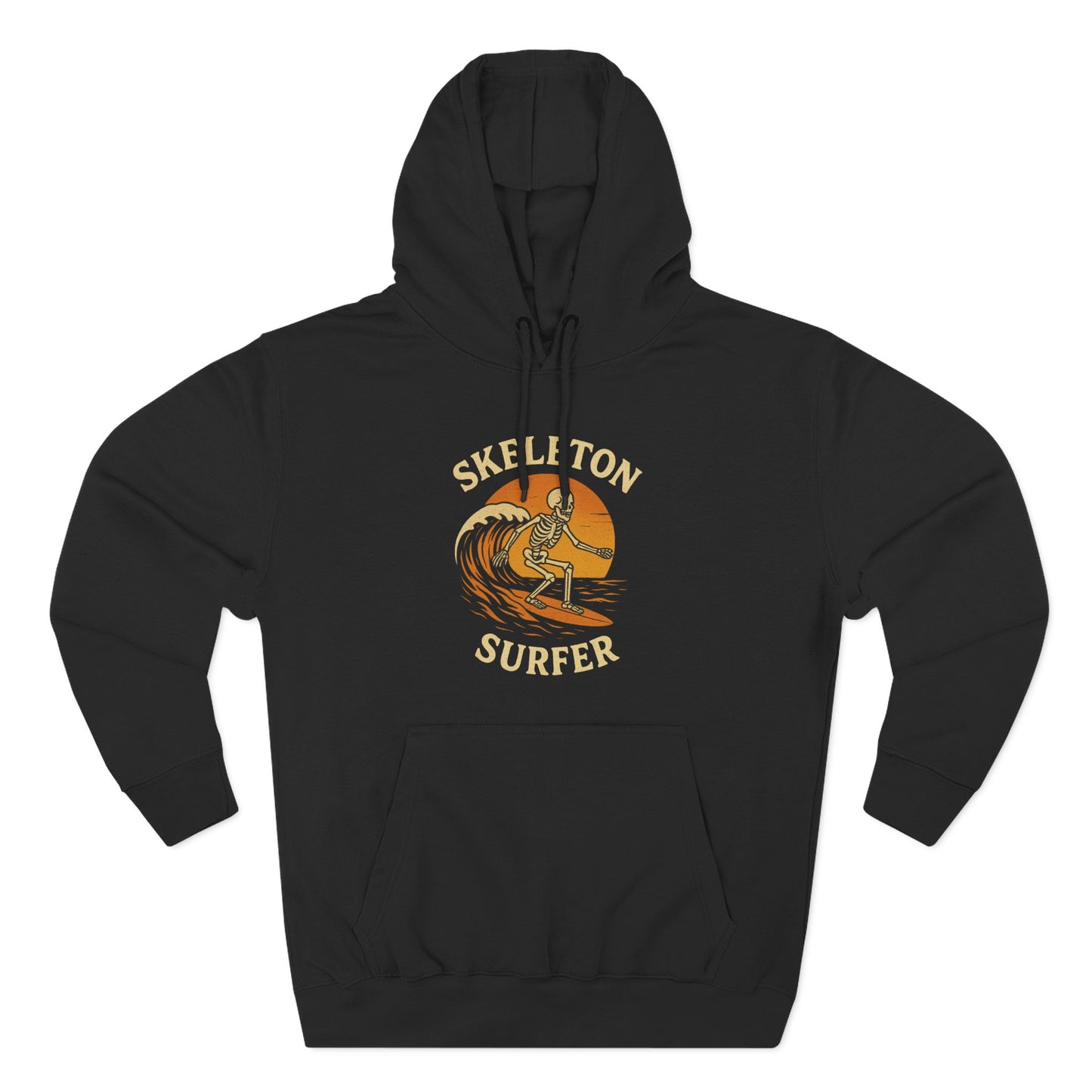 Skeleton Surfer Fall and Halloween Fleece Hoodie - Spooky Surfing Sweatshirt, Trick or Treat Costume, Autumn Skeleton Apparel, Scary