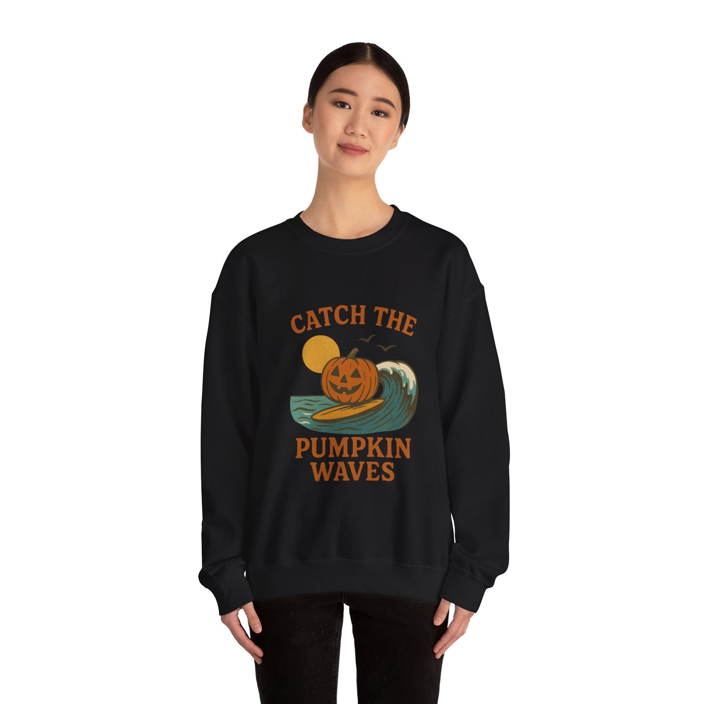 Catch the Pumpkin Waves Crewneck Sweatshirt | Cozy Fall Hoodie for Halloween, Gift for Pumpkin Lovers, Autumn Fashion, Casual Wear