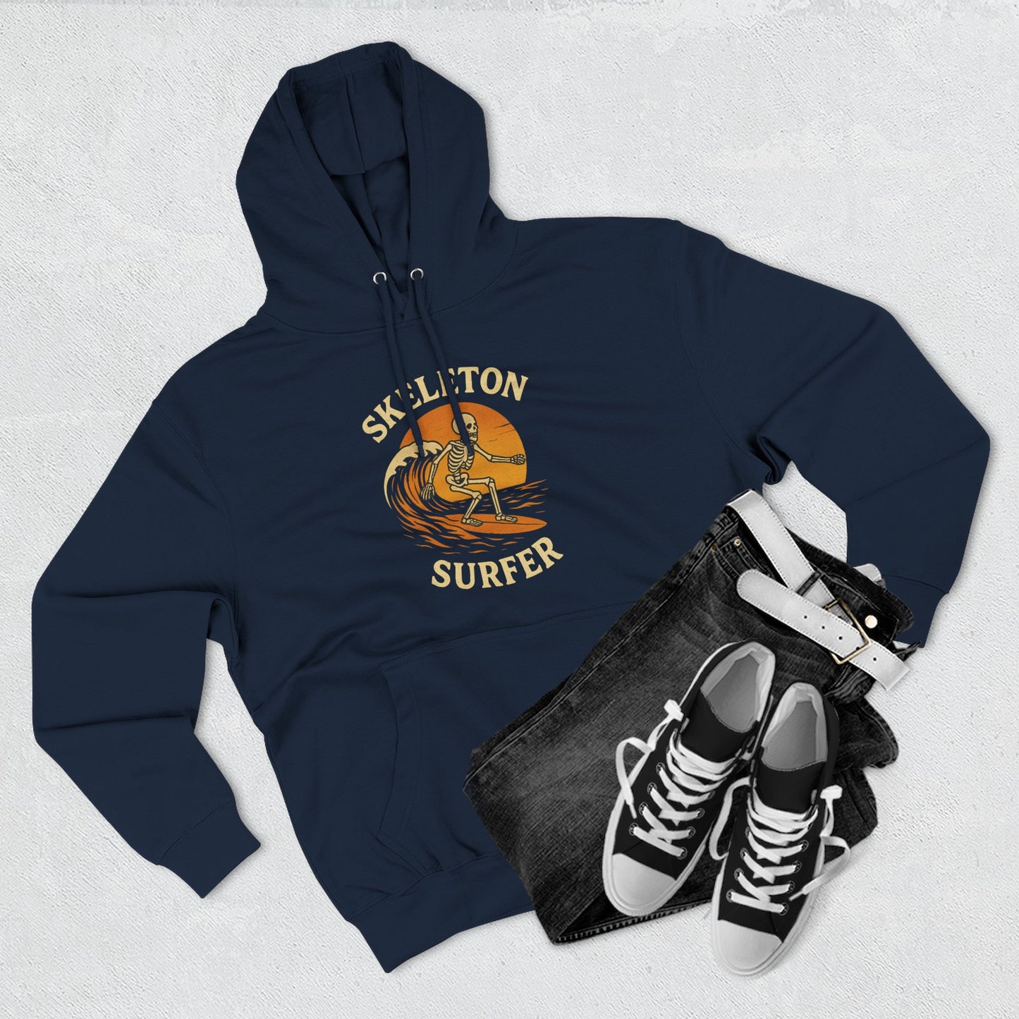 Skeleton Surfer Fall and Halloween Fleece Hoodie - Spooky Surfing Sweatshirt, Trick or Treat Costume, Autumn Skeleton Apparel, Scary