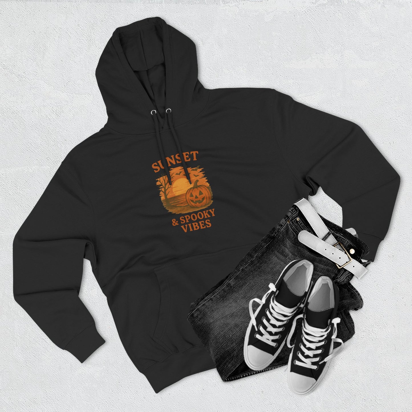 Cozy Halloween Hoodie, Spooky Sunset Fleece Pullover for Fall, Pumpkin Illustrative Sweater, Autumn Gift, Halloween Outfit