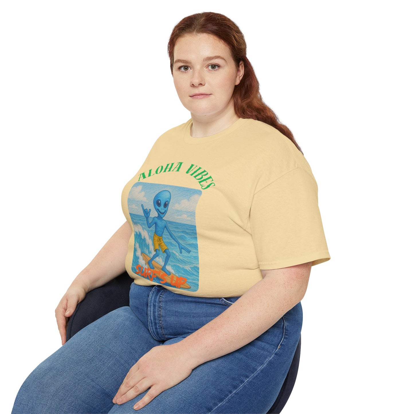 Aloha Vibes Alien Surfing T-Shirt, fun tees, silly tees, summer wear, alien theme, aloha