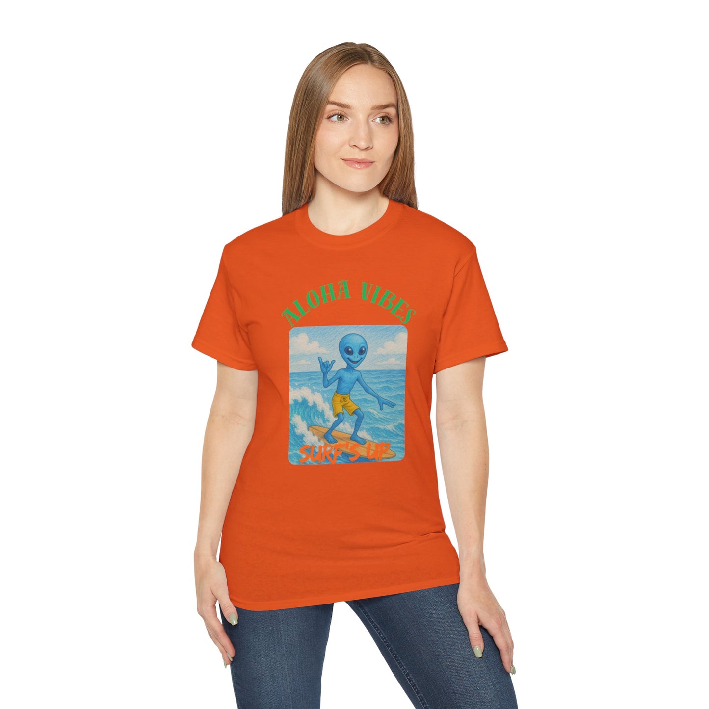 Aloha Vibes Alien Surfing T-Shirt, fun tees, silly tees, summer wear, alien theme, aloha