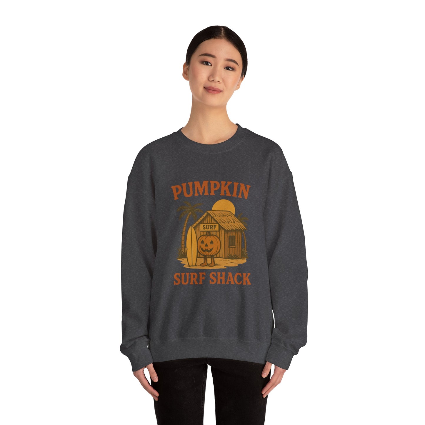 Pumpkin Surf Shack Crewneck Sweatshirt, Cozy Fall Sweatshirt, Unisex Halloween Apparel, Casual Autumn Fashion, Surf Themed Gift