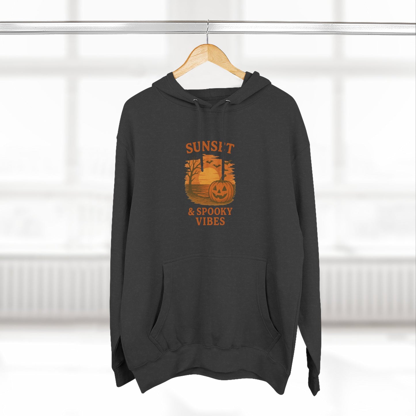 Cozy Halloween Hoodie, Spooky Sunset Fleece Pullover for Fall, Pumpkin Illustrative Sweater, Autumn Gift, Halloween Outfit