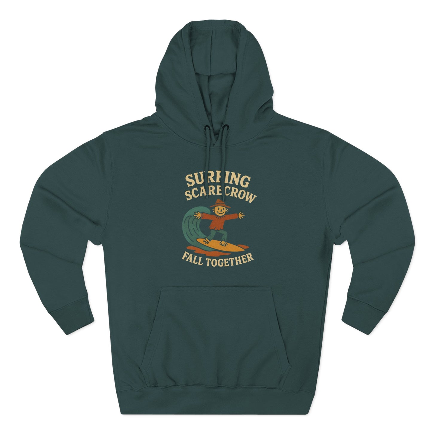 Surfing Scarecrow Fleece Hoodie for Fall Season and Halloween, Three-Panel Sweatshirt, Autumn Jacket, Halloween Costume, Fall Fashion,