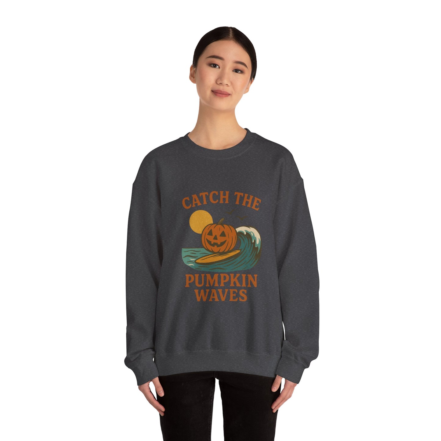 Catch the Pumpkin Waves Crewneck Sweatshirt | Cozy Fall Hoodie for Halloween, Gift for Pumpkin Lovers, Autumn Fashion, Casual Wear