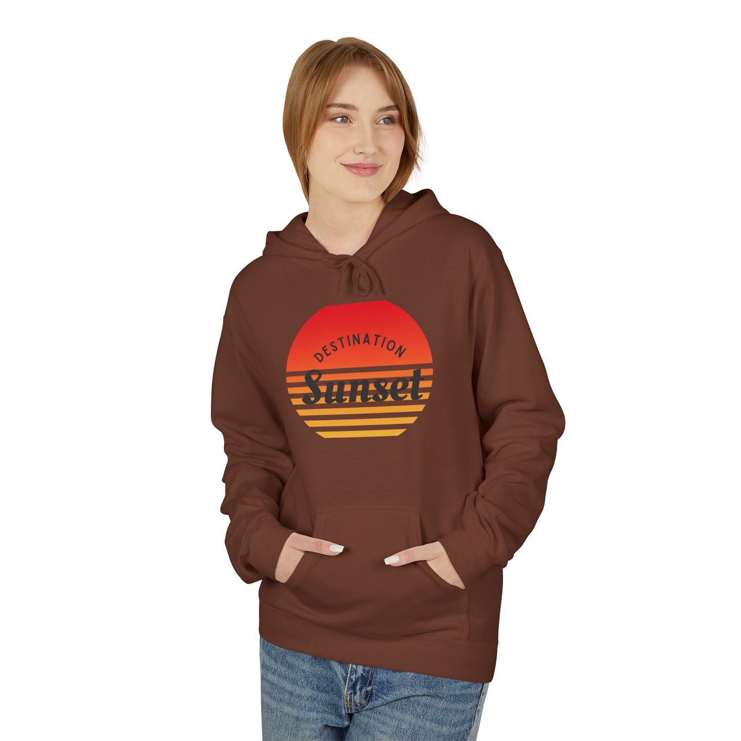 Sunset Destination Hoodie, Unisex Midweight Fleece Hoodie for Beach Lovers, Cozy Autumn Sweatshirt, Gift for Travelers, Summer Vibes Apparel