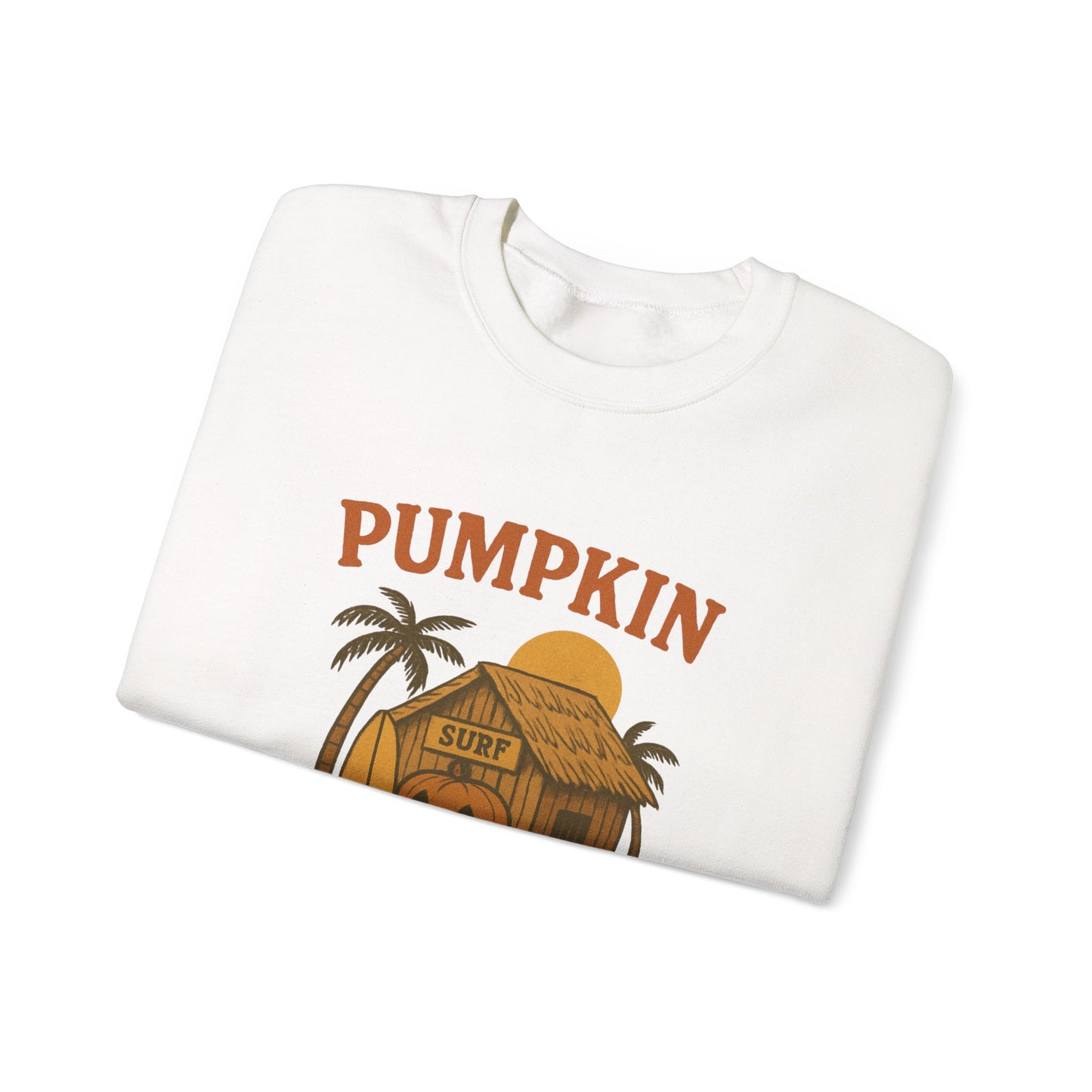 Pumpkin Surf Shack Crewneck Sweatshirt, Cozy Fall Sweatshirt, Unisex Halloween Apparel, Casual Autumn Fashion, Surf Themed Gift