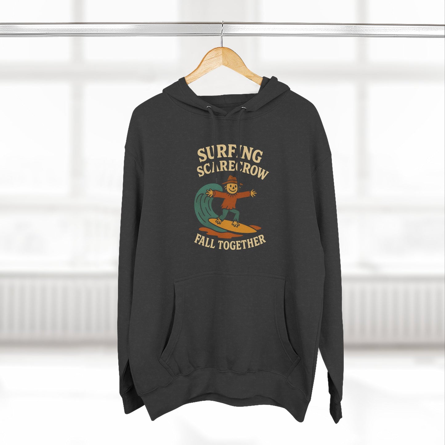 Surfing Scarecrow Fleece Hoodie for Fall Season and Halloween, Three-Panel Sweatshirt, Autumn Jacket, Halloween Costume, Fall Fashion,
