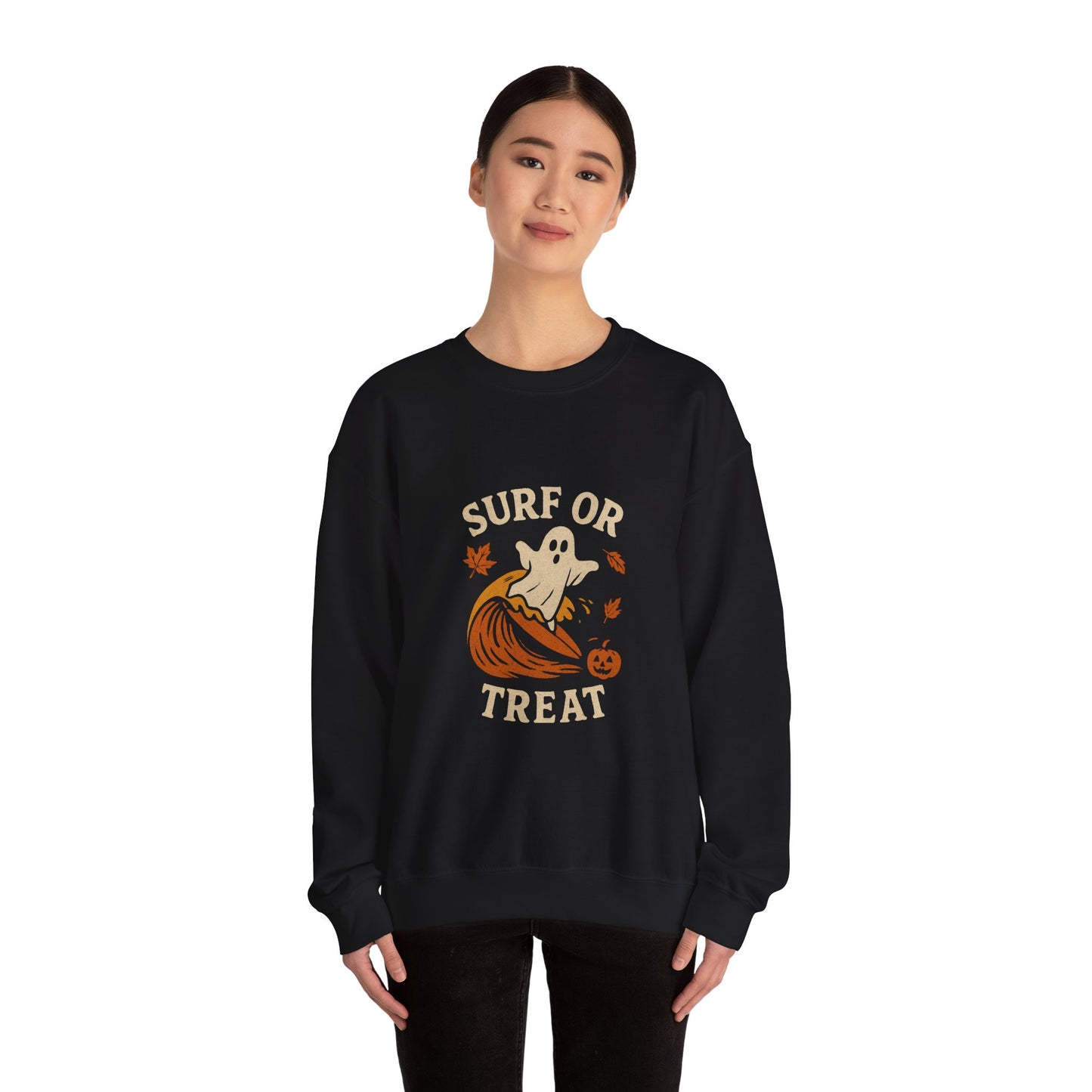 Halloween Ghost Surf Sweatshirt, Cozy Unisex Crewneck, Cute Fall Apparel, Trick or Treat Gift, Spooky Season Outfit