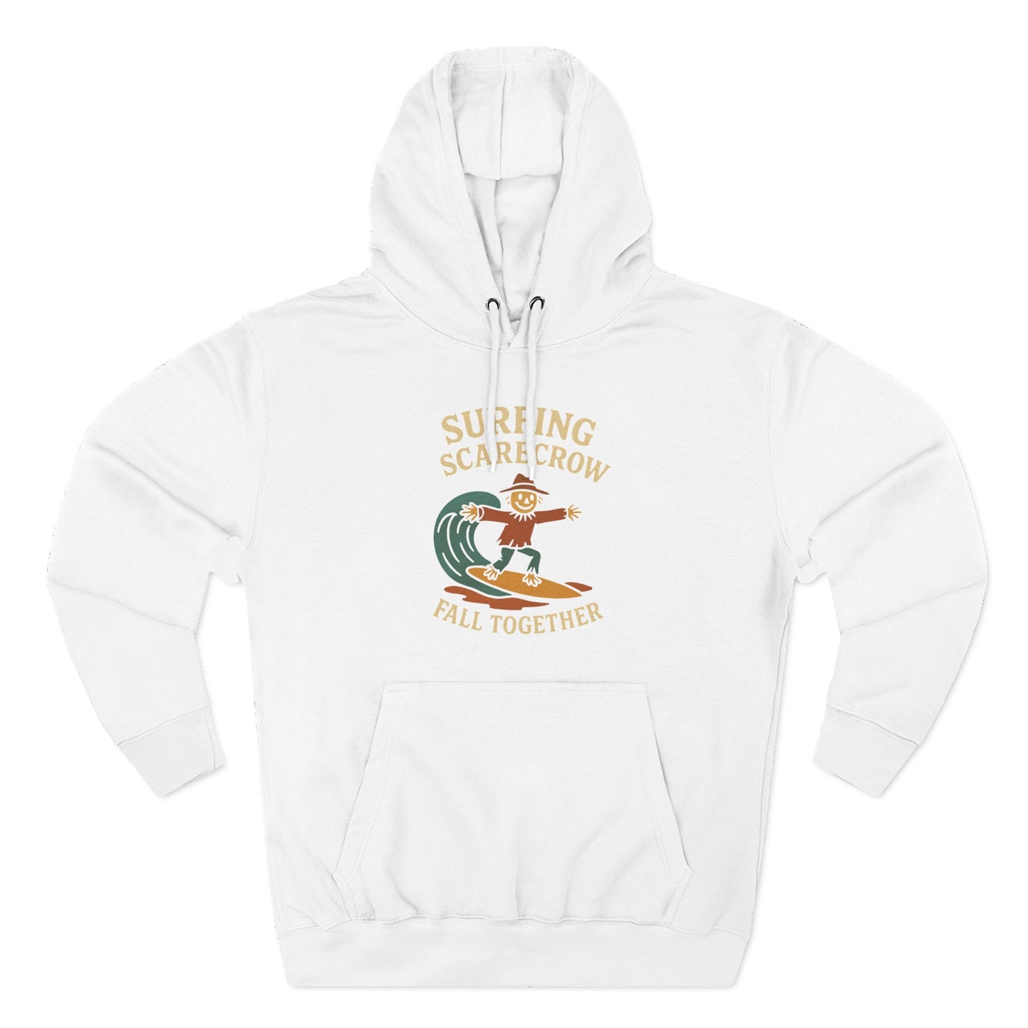Surfing Scarecrow Fleece Hoodie for Fall Season and Halloween, Three-Panel Sweatshirt, Autumn Jacket, Halloween Costume, Fall Fashion,