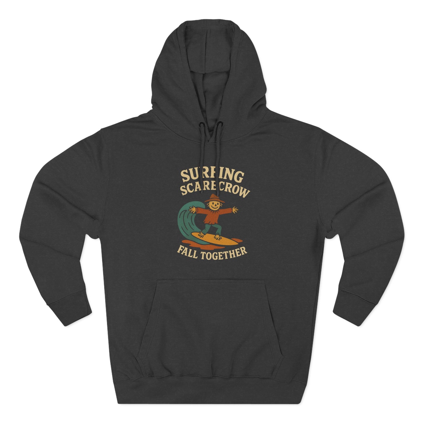 Surfing Scarecrow Fleece Hoodie for Fall Season and Halloween, Three-Panel Sweatshirt, Autumn Jacket, Halloween Costume, Fall Fashion,