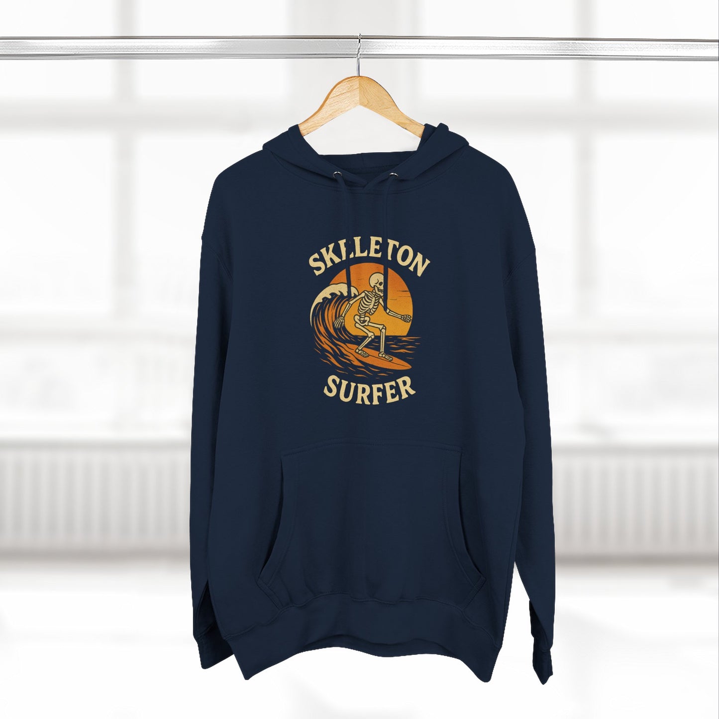 Skeleton Surfer Fall and Halloween Fleece Hoodie - Spooky Surfing Sweatshirt, Trick or Treat Costume, Autumn Skeleton Apparel, Scary