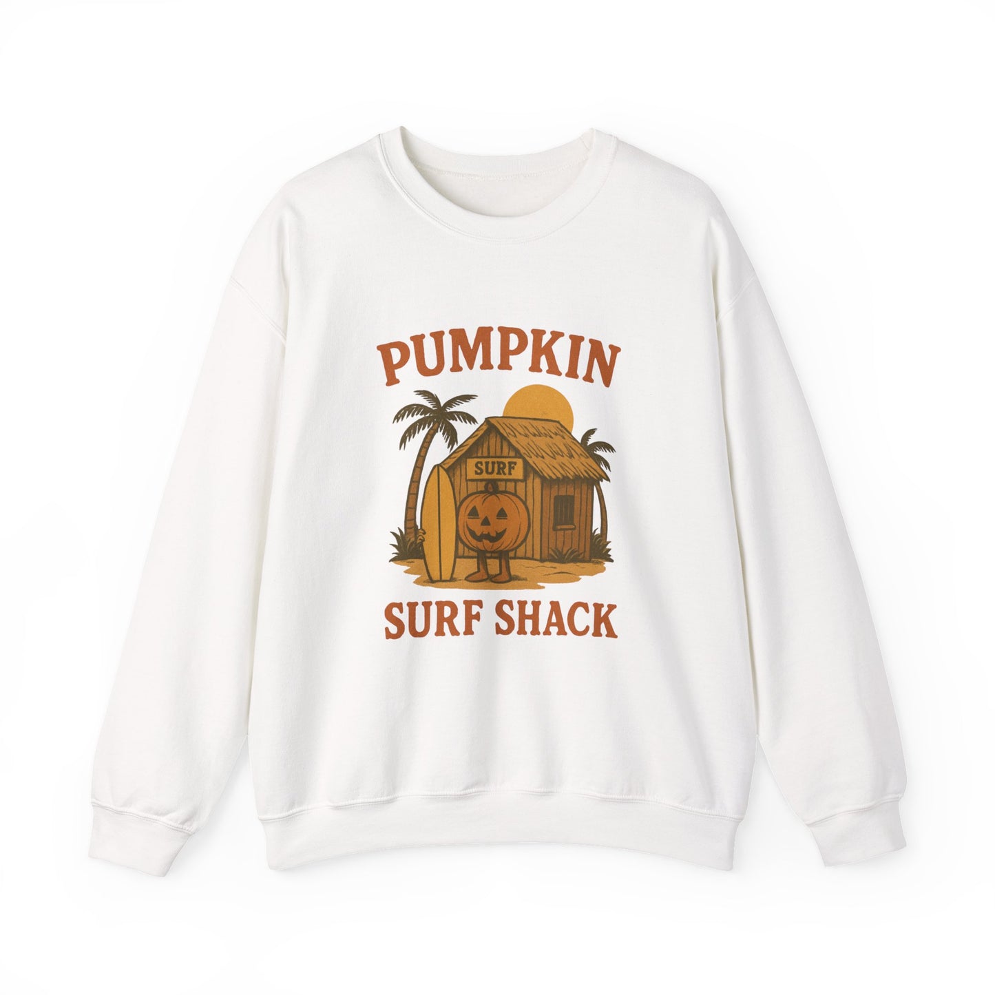 Pumpkin Surf Shack Crewneck Sweatshirt, Cozy Fall Sweatshirt, Unisex Halloween Apparel, Casual Autumn Fashion, Surf Themed Gift