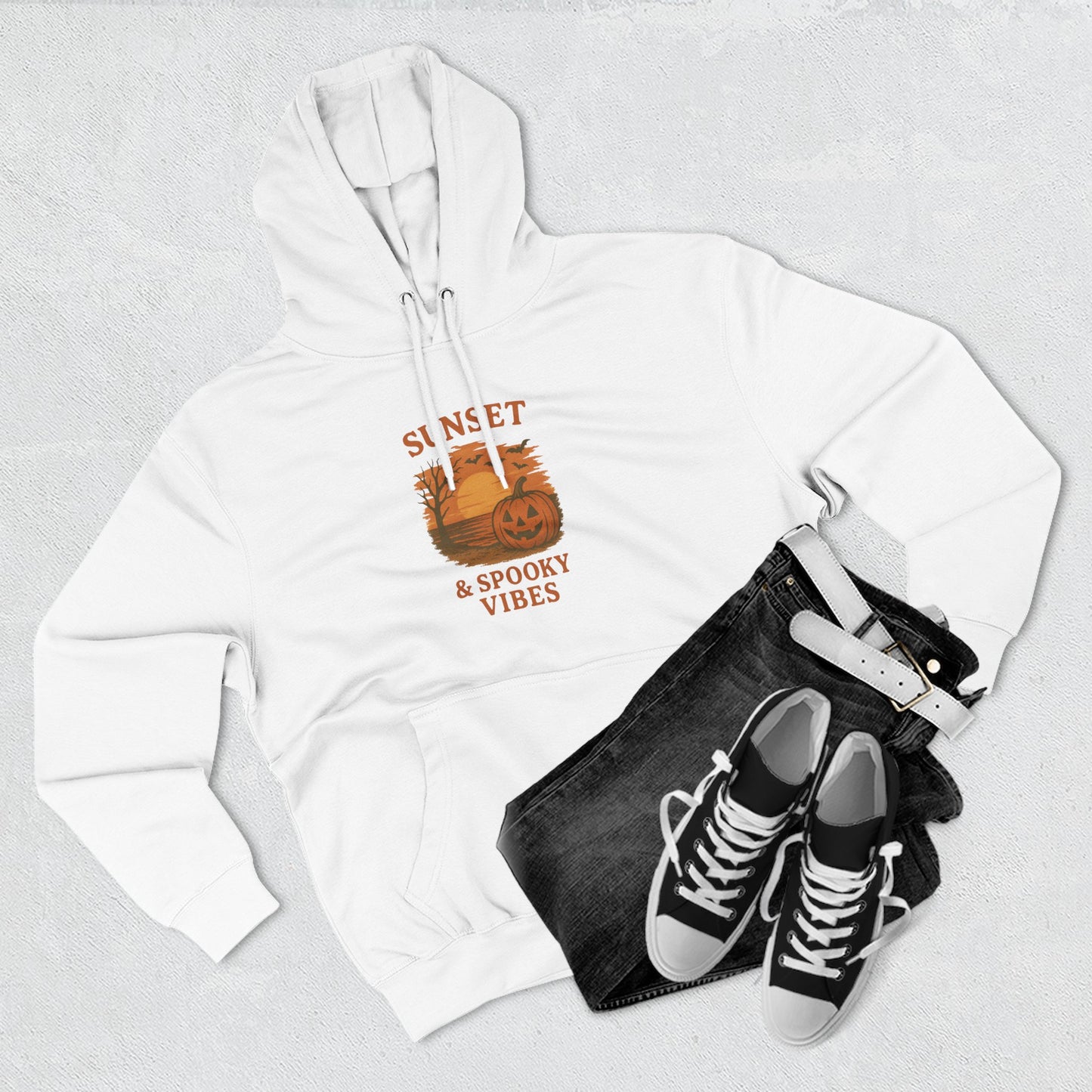 Cozy Halloween Hoodie, Spooky Sunset Fleece Pullover for Fall, Pumpkin Illustrative Sweater, Autumn Gift, Halloween Outfit
