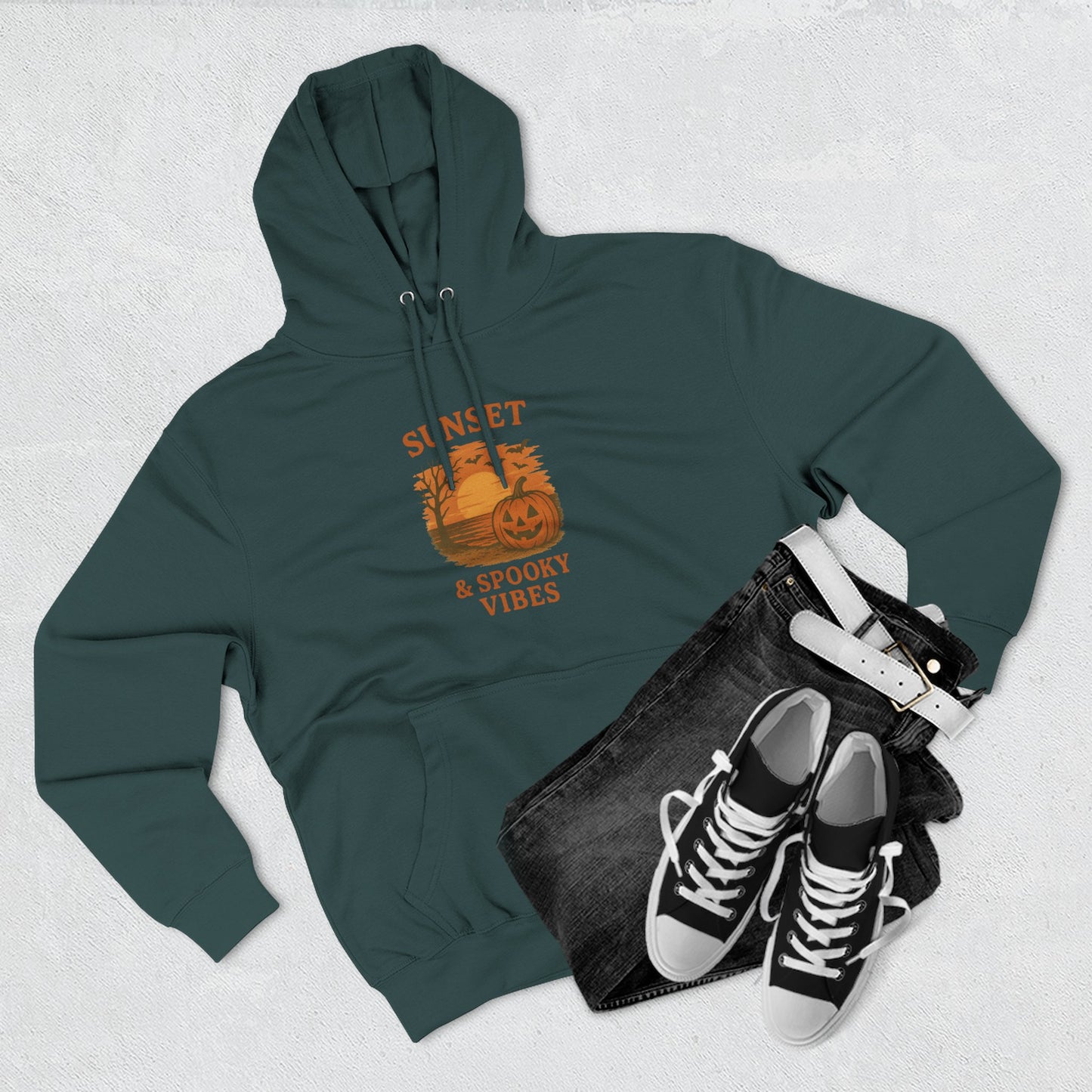 Cozy Halloween Hoodie, Spooky Sunset Fleece Pullover for Fall, Pumpkin Illustrative Sweater, Autumn Gift, Halloween Outfit