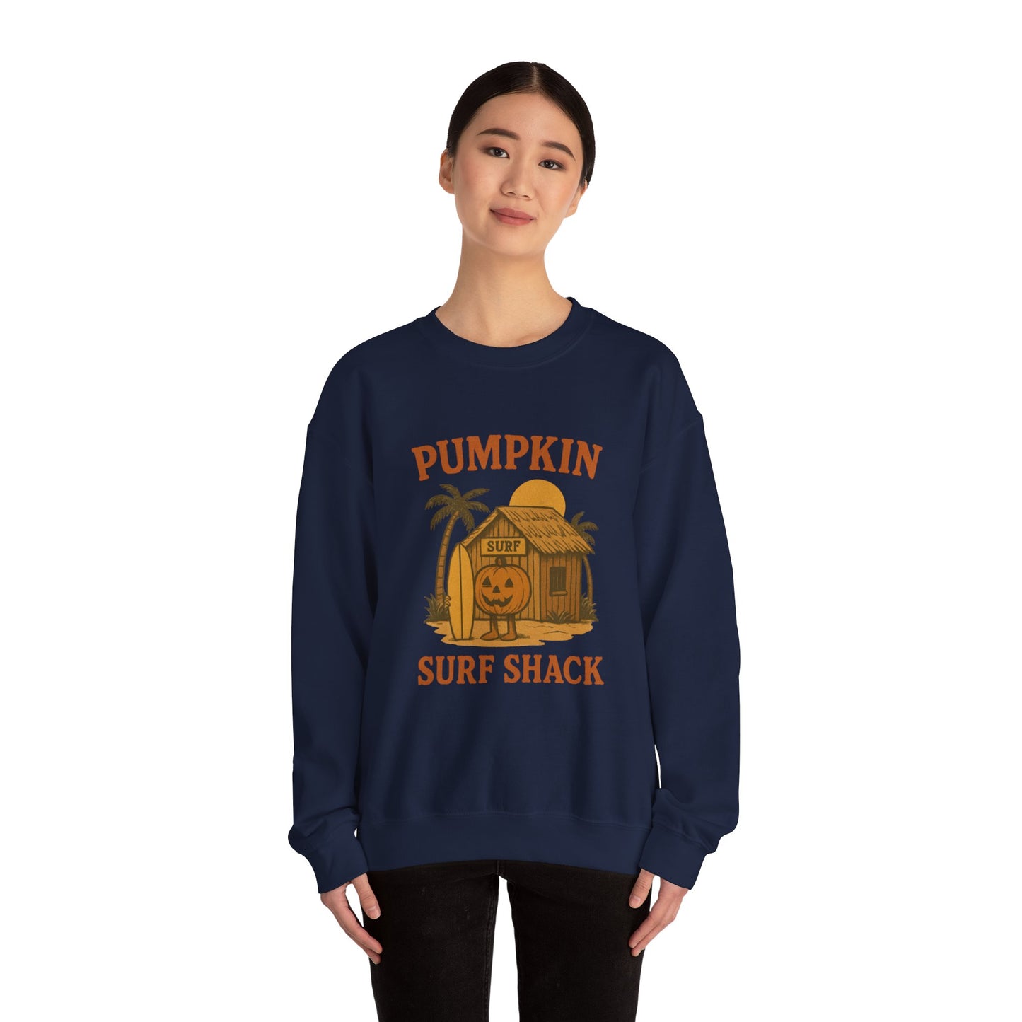 Pumpkin Surf Shack Crewneck Sweatshirt, Cozy Fall Sweatshirt, Unisex Halloween Apparel, Casual Autumn Fashion, Surf Themed Gift