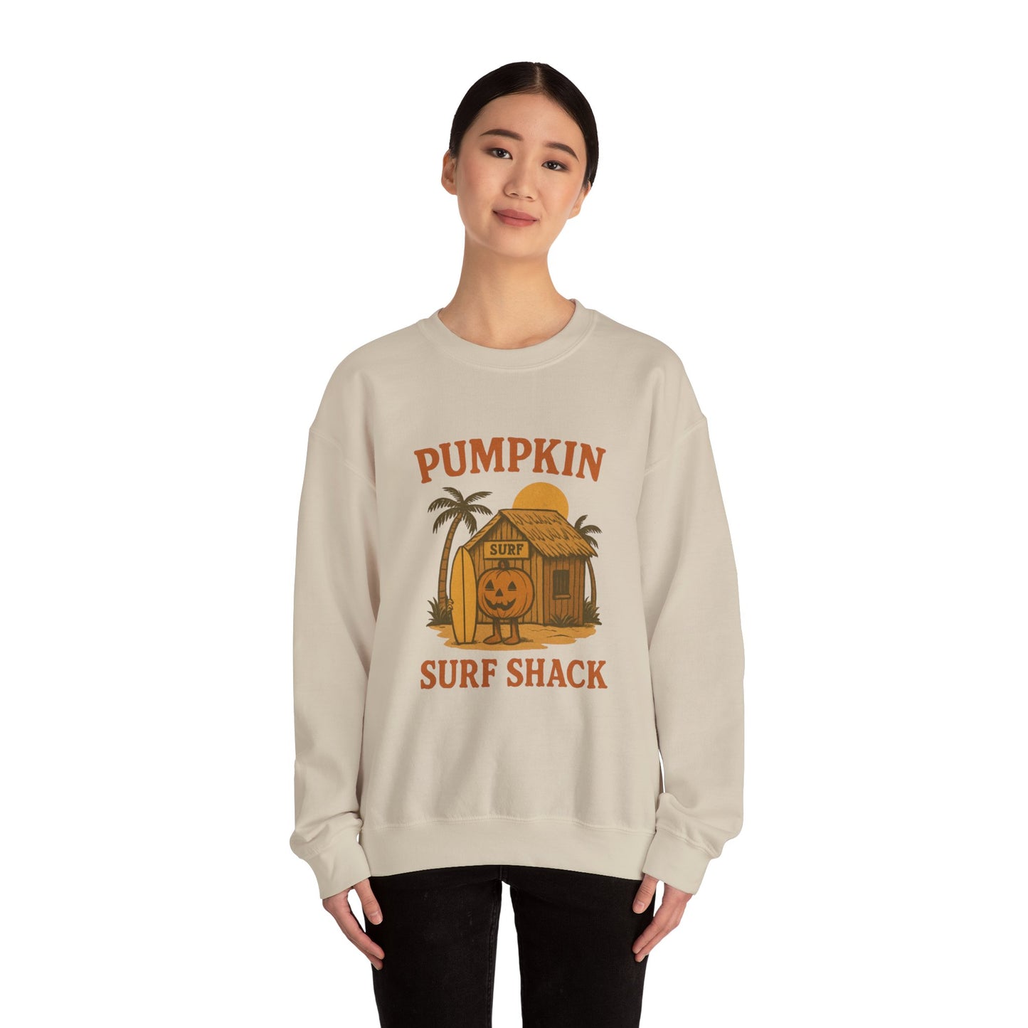 Pumpkin Surf Shack Crewneck Sweatshirt, Cozy Fall Sweatshirt, Unisex Halloween Apparel, Casual Autumn Fashion, Surf Themed Gift