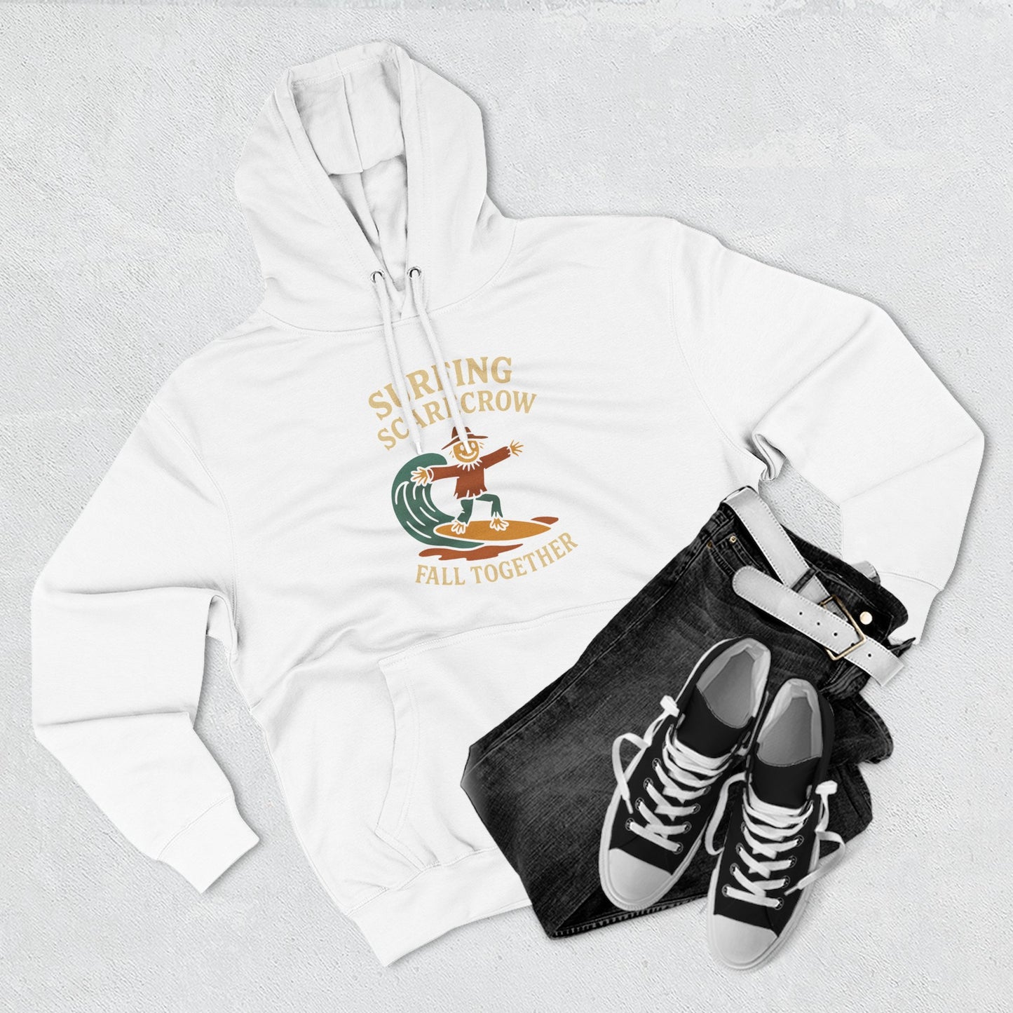 Surfing Scarecrow Fleece Hoodie for Fall Season and Halloween, Three-Panel Sweatshirt, Autumn Jacket, Halloween Costume, Fall Fashion,
