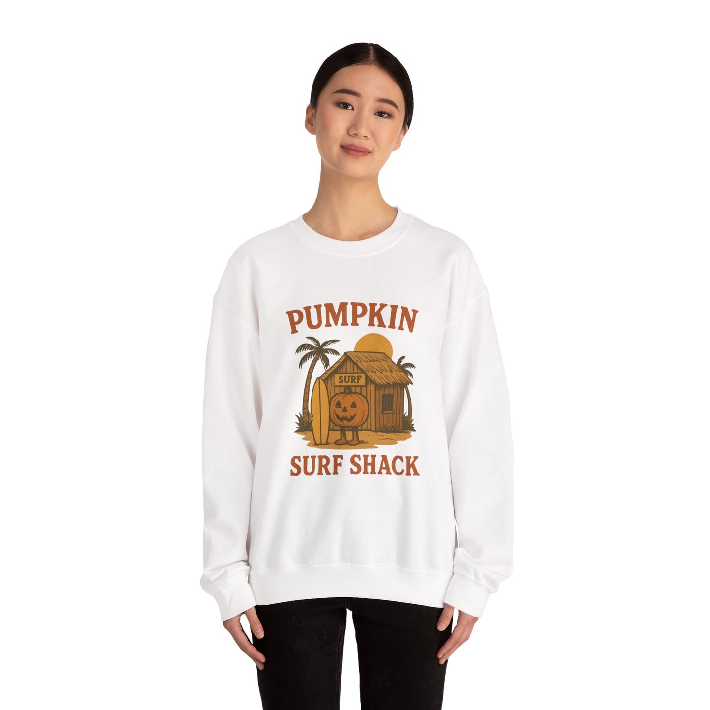 Pumpkin Surf Shack Crewneck Sweatshirt, Cozy Fall Sweatshirt, Unisex Halloween Apparel, Casual Autumn Fashion, Surf Themed Gift