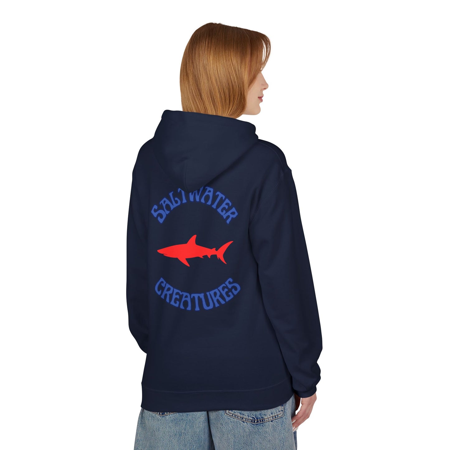 Saltwater Creatures Fleece Hoodie, Beachwear, Gift for Ocean Lovers, Casual Streetwear, Summer Vibes, Shark Enthusiast Apparel