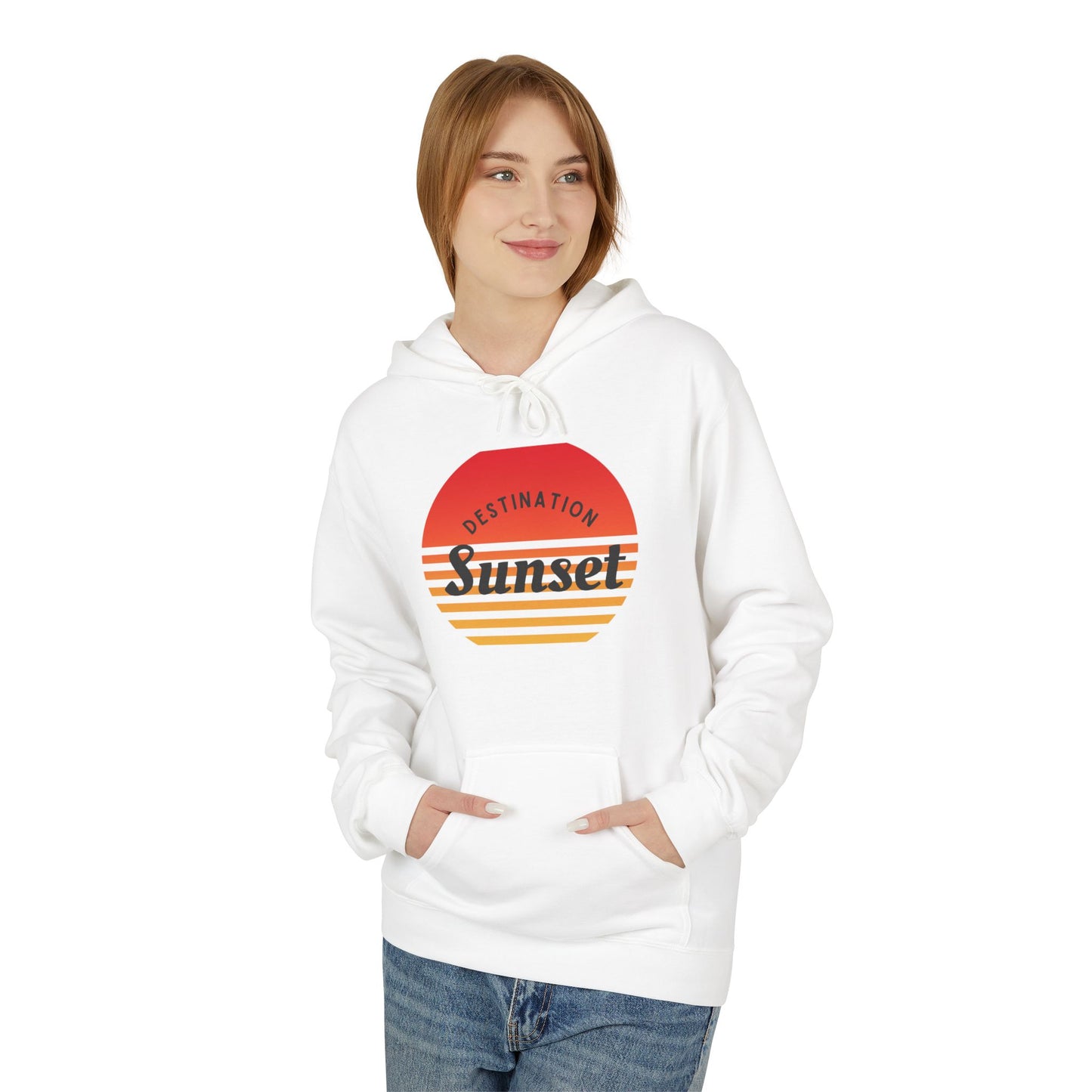 Sunset Destination Hoodie, Unisex Midweight Fleece Hoodie for Beach Lovers, Cozy Autumn Sweatshirt, Gift for Travelers, Summer Vibes Apparel