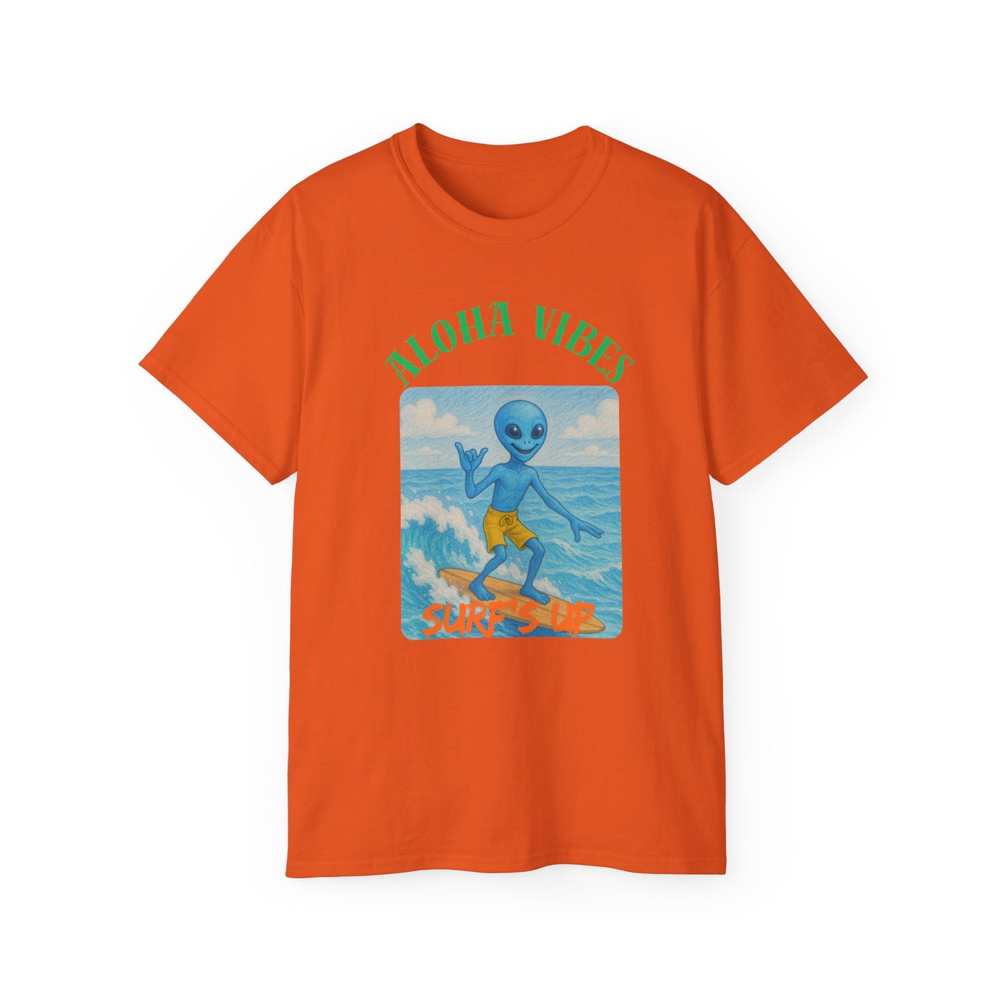 Aloha Vibes Alien Surfing T-Shirt, fun tees, silly tees, summer wear, alien theme, aloha