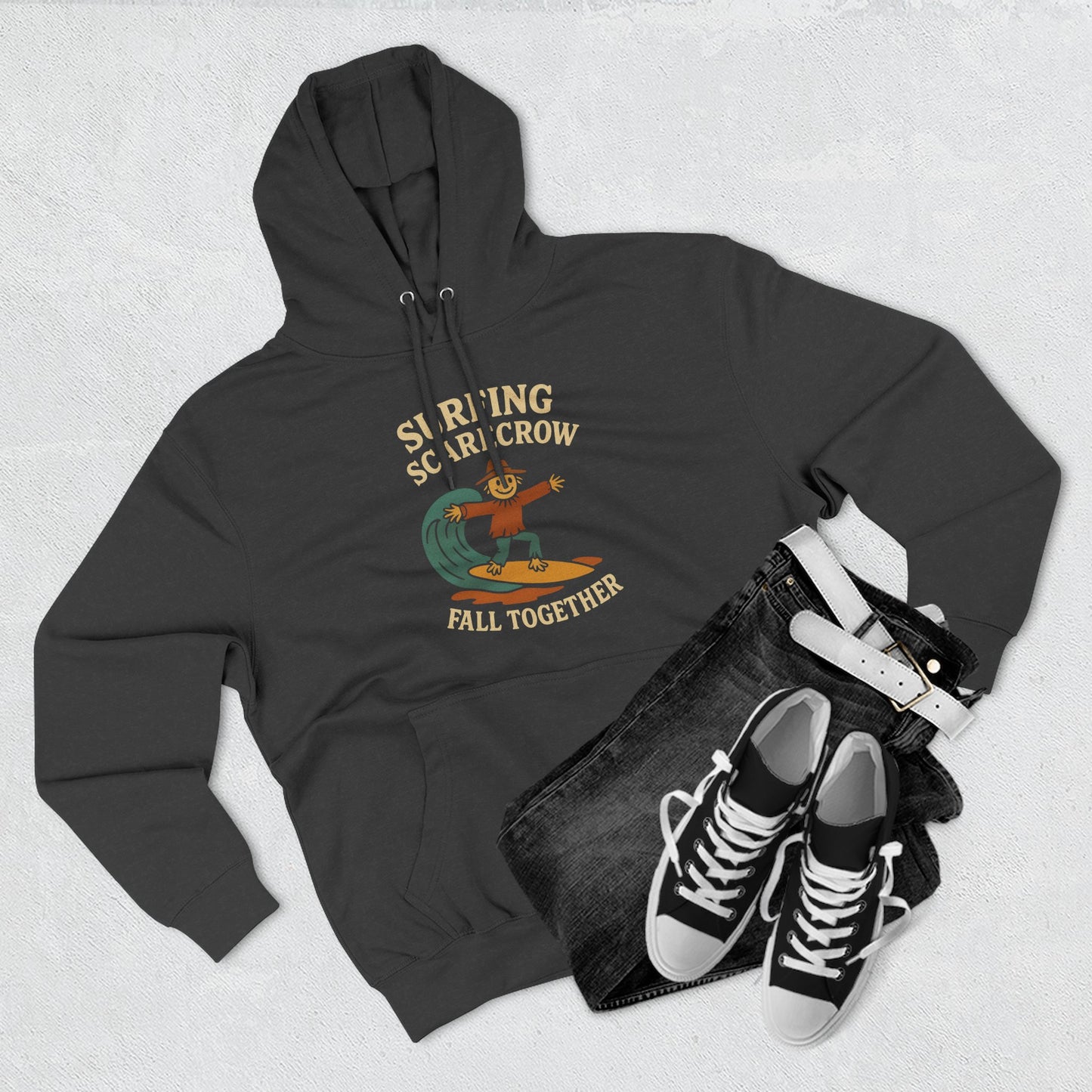 Surfing Scarecrow Fleece Hoodie for Fall Season and Halloween, Three-Panel Sweatshirt, Autumn Jacket, Halloween Costume, Fall Fashion,