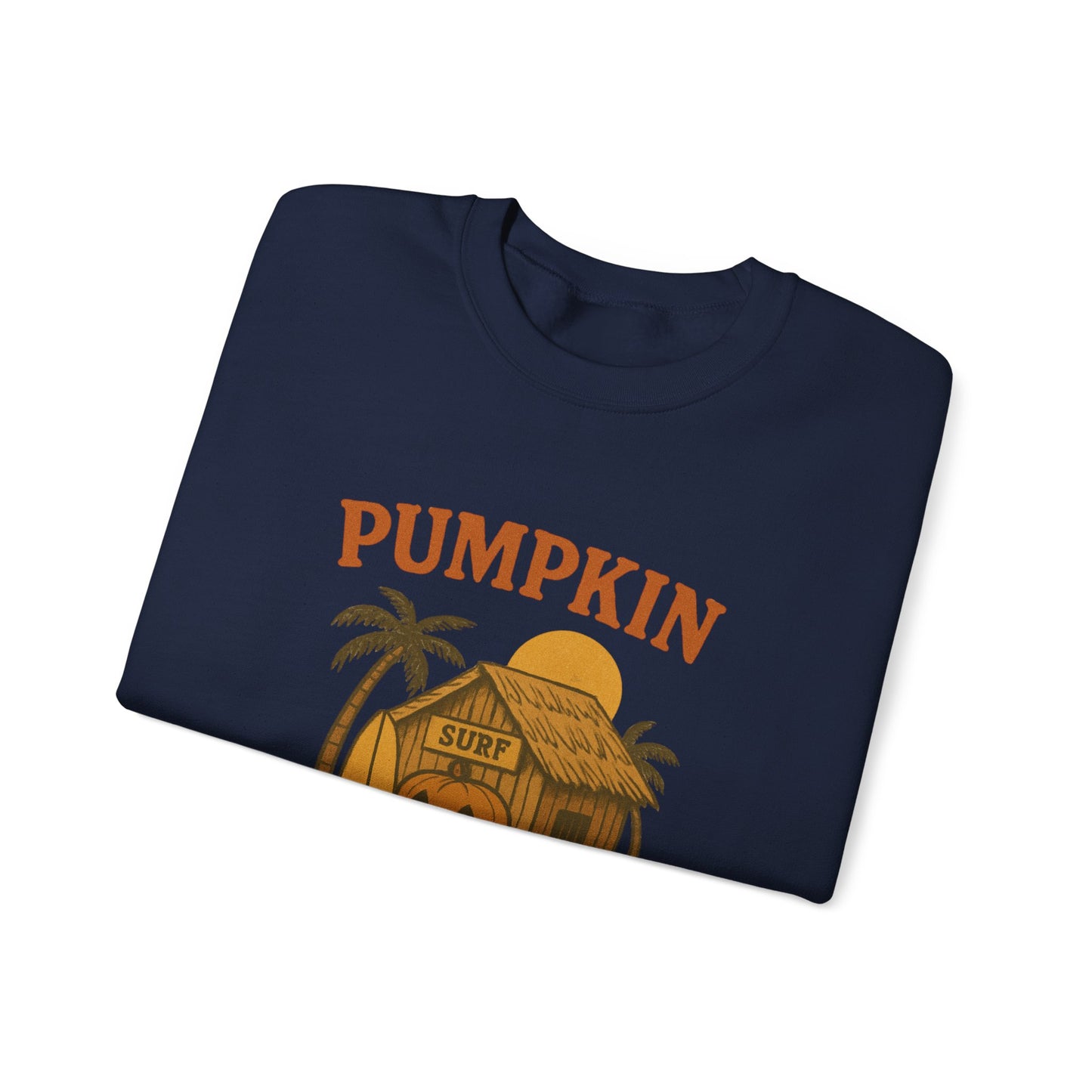 Pumpkin Surf Shack Crewneck Sweatshirt, Cozy Fall Sweatshirt, Unisex Halloween Apparel, Casual Autumn Fashion, Surf Themed Gift