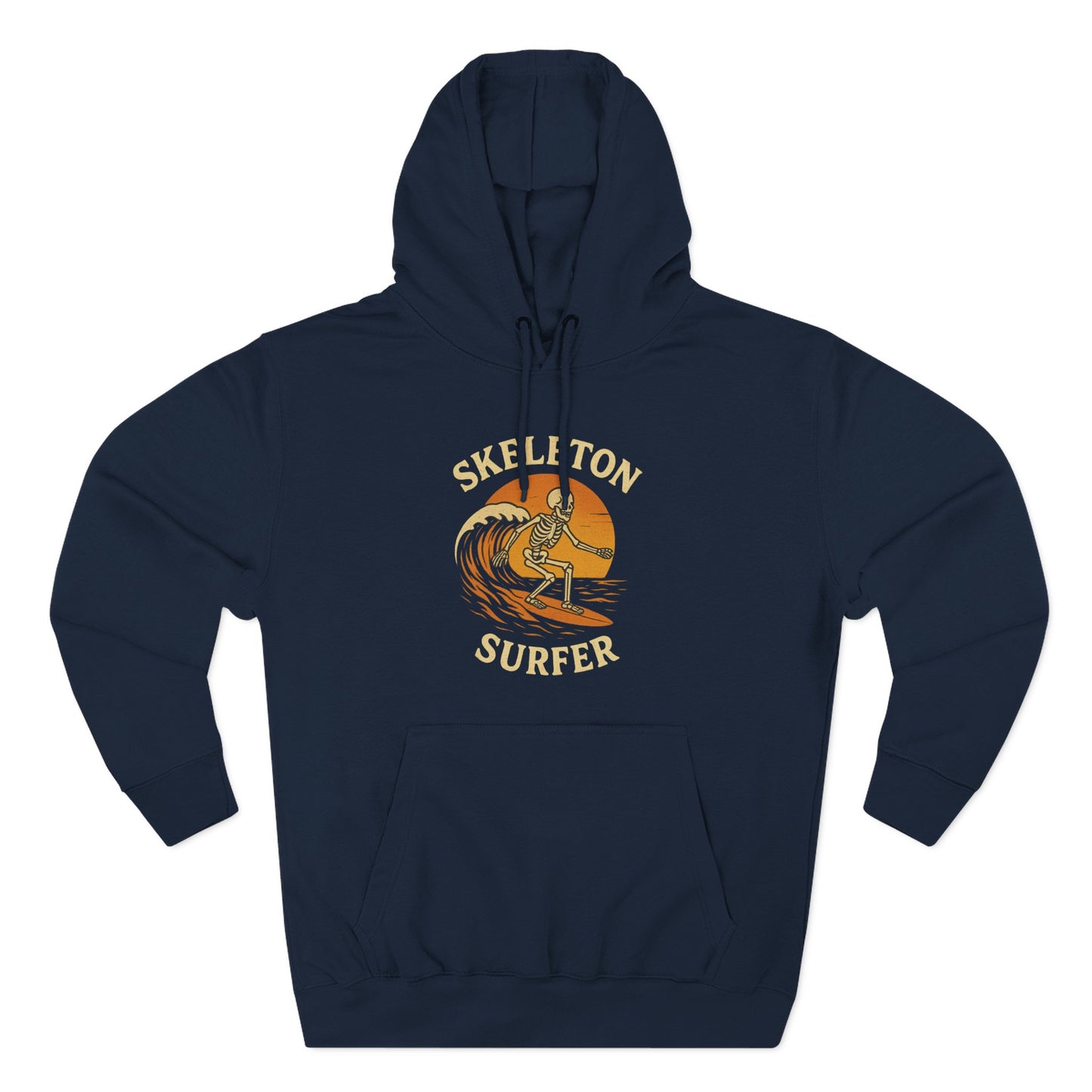 Skeleton Surfer Fall and Halloween Fleece Hoodie - Spooky Surfing Sweatshirt, Trick or Treat Costume, Autumn Skeleton Apparel, Scary