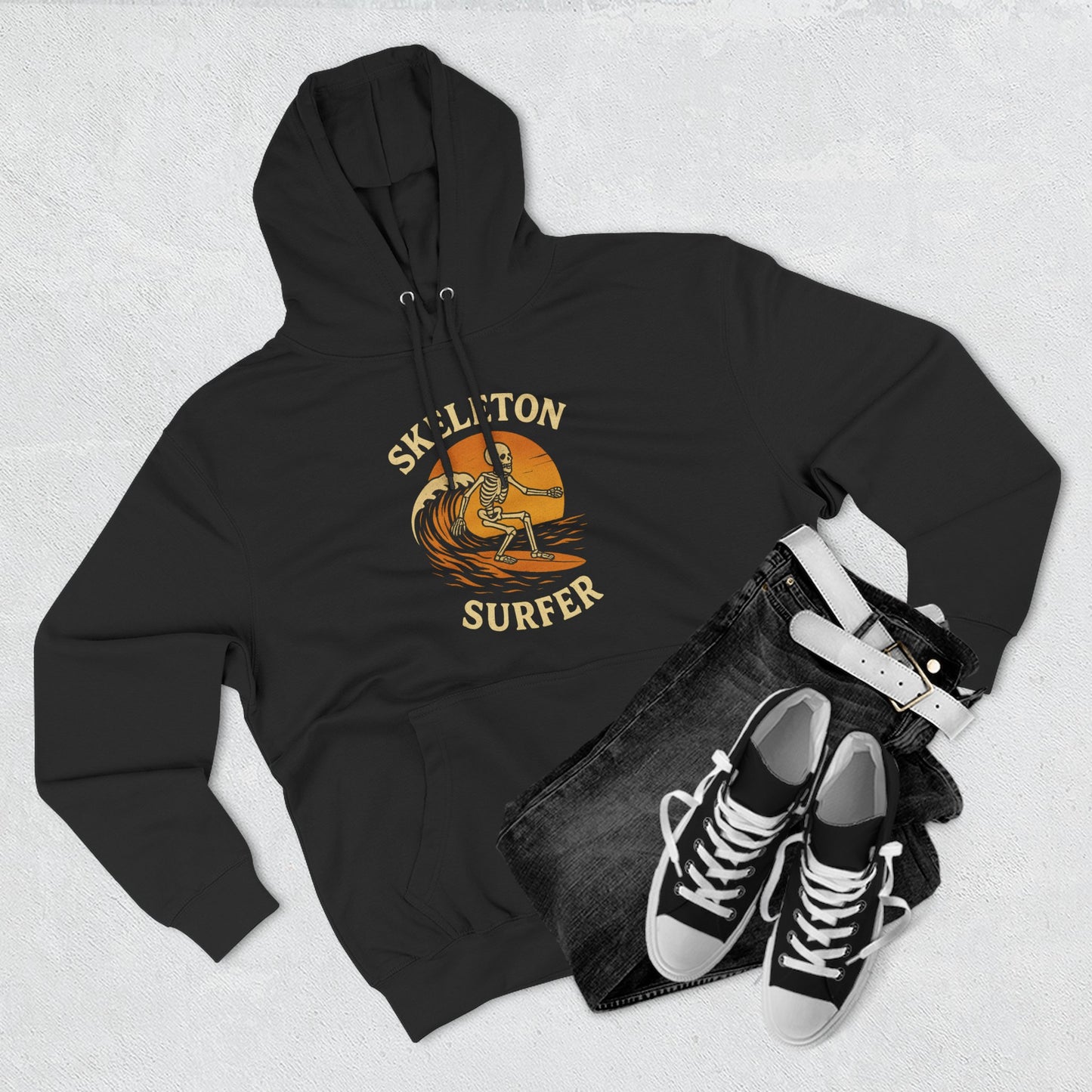 Skeleton Surfer Fall and Halloween Fleece Hoodie - Spooky Surfing Sweatshirt, Trick or Treat Costume, Autumn Skeleton Apparel, Scary