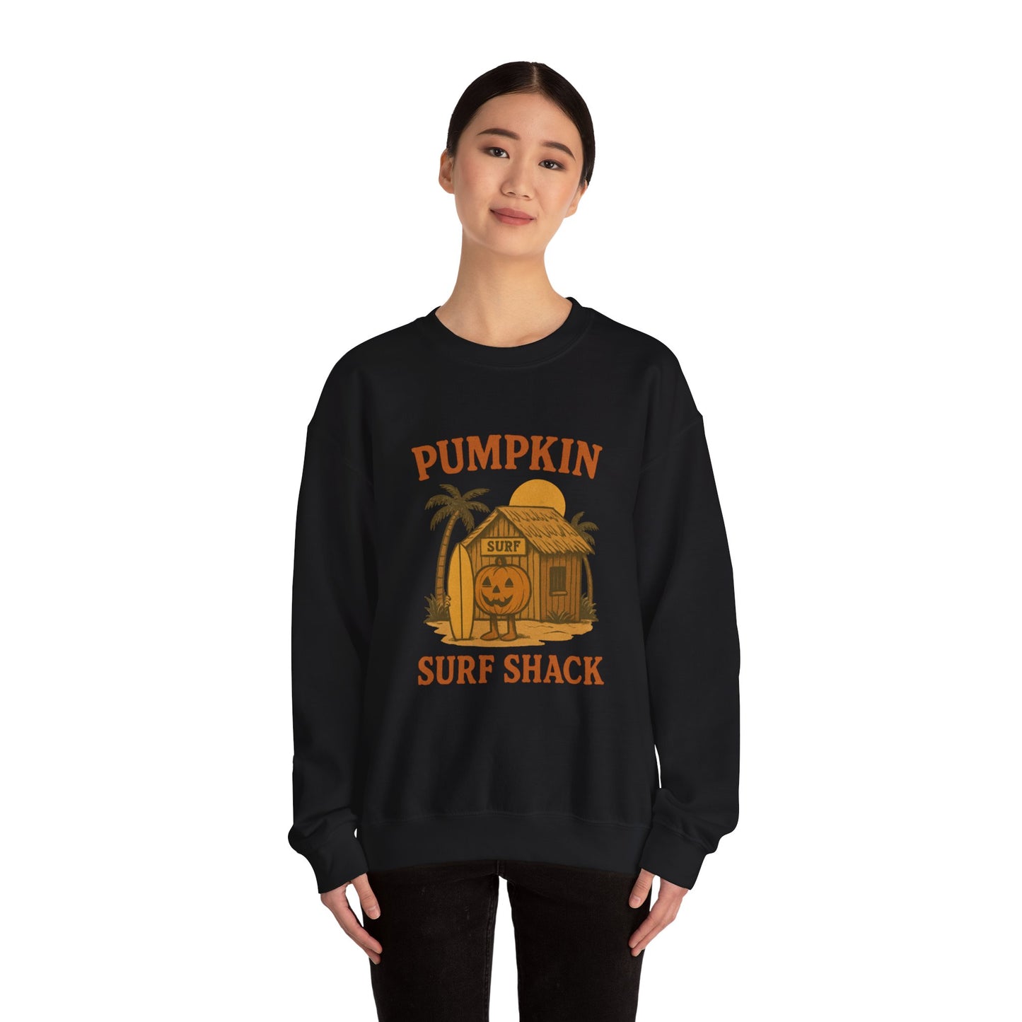 Pumpkin Surf Shack Crewneck Sweatshirt, Cozy Fall Sweatshirt, Unisex Halloween Apparel, Casual Autumn Fashion, Surf Themed Gift
