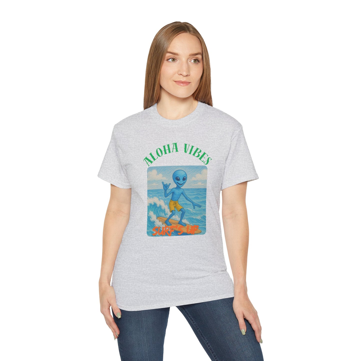 Aloha Vibes Alien Surfing T-Shirt, fun tees, silly tees, summer wear, alien theme, aloha