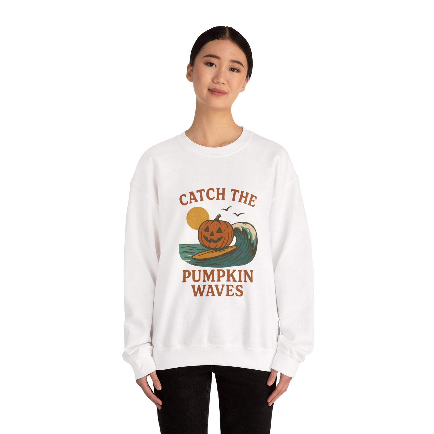 Catch the Pumpkin Waves Crewneck Sweatshirt | Cozy Fall Hoodie for Halloween, Gift for Pumpkin Lovers, Autumn Fashion, Casual Wear
