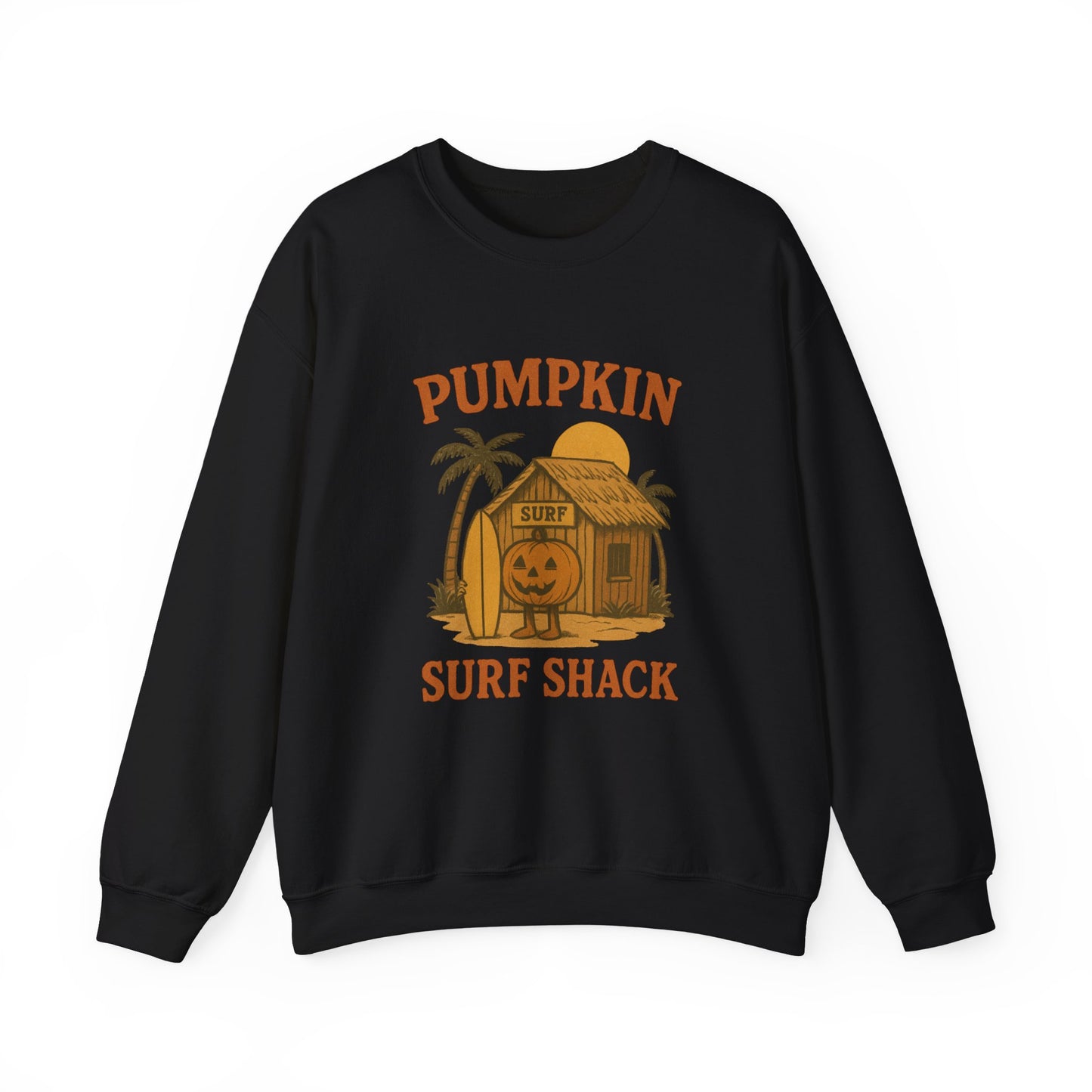 Pumpkin Surf Shack Crewneck Sweatshirt, Cozy Fall Sweatshirt, Unisex Halloween Apparel, Casual Autumn Fashion, Surf Themed Gift