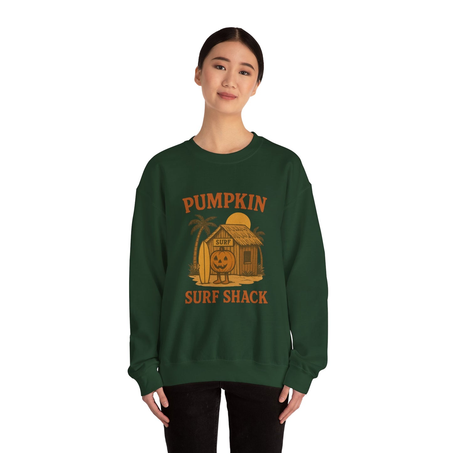 Pumpkin Surf Shack Crewneck Sweatshirt, Cozy Fall Sweatshirt, Unisex Halloween Apparel, Casual Autumn Fashion, Surf Themed Gift
