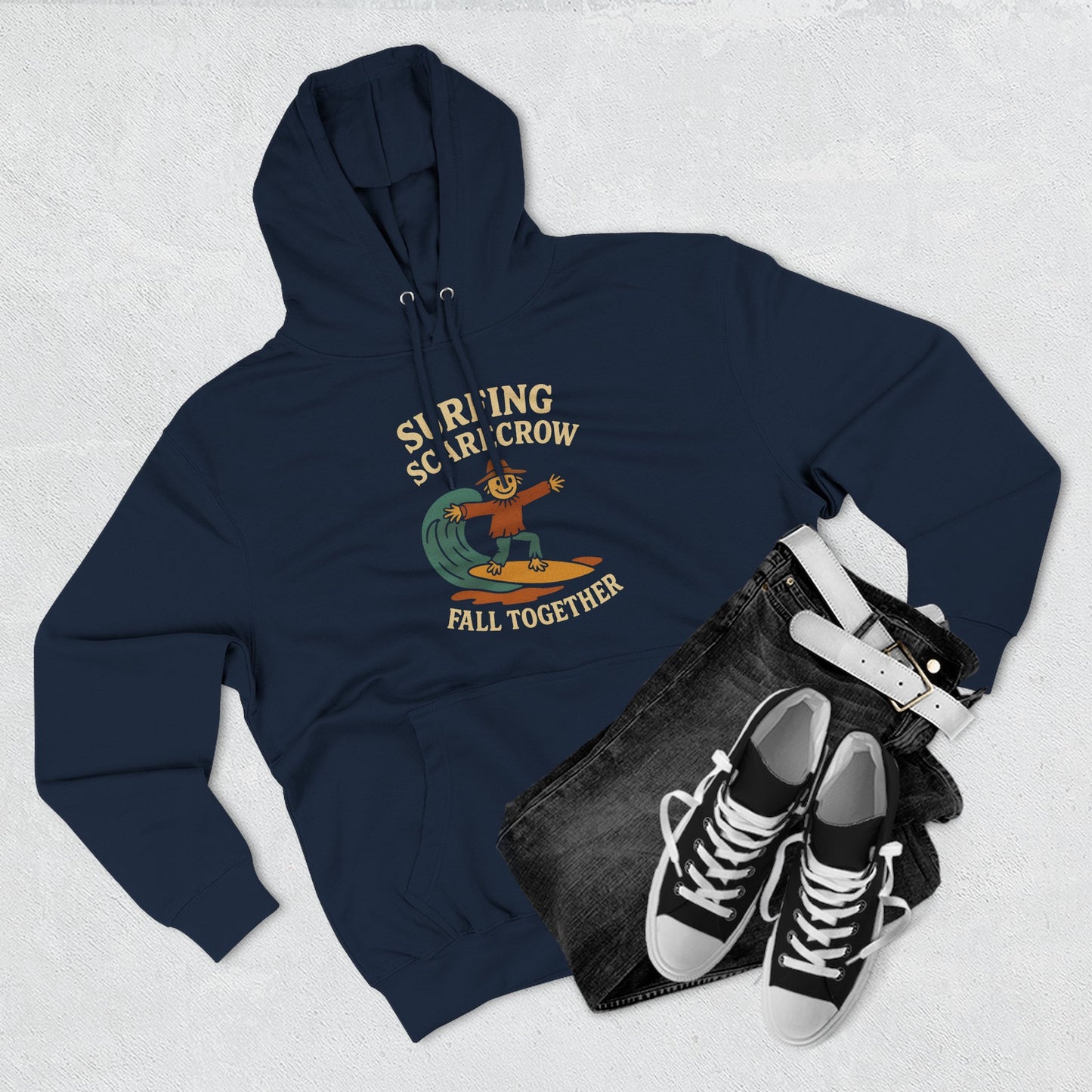 Surfing Scarecrow Fleece Hoodie for Fall Season and Halloween, Three-Panel Sweatshirt, Autumn Jacket, Halloween Costume, Fall Fashion,