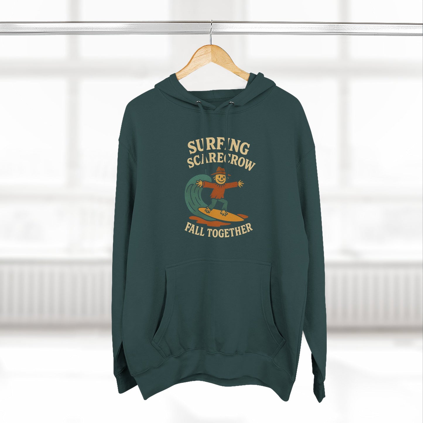 Surfing Scarecrow Fleece Hoodie for Fall Season and Halloween, Three-Panel Sweatshirt, Autumn Jacket, Halloween Costume, Fall Fashion,