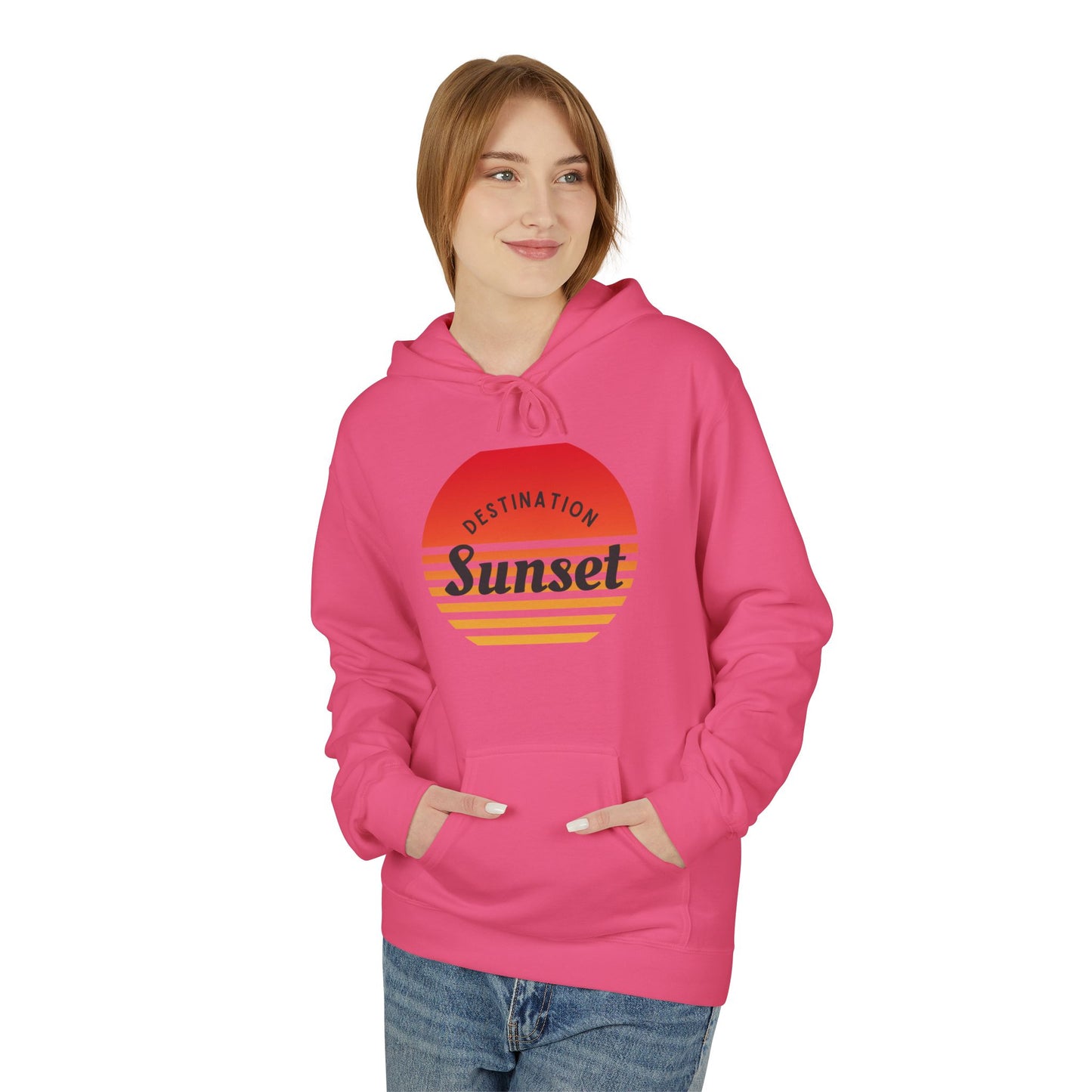 Sunset Destination Hoodie, Unisex Midweight Fleece Hoodie for Beach Lovers, Cozy Autumn Sweatshirt, Gift for Travelers, Summer Vibes Apparel