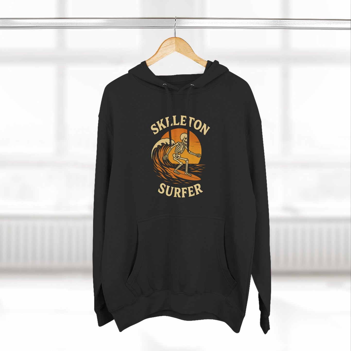 Skeleton Surfer Fall and Halloween Fleece Hoodie - Spooky Surfing Sweatshirt, Trick or Treat Costume, Autumn Skeleton Apparel, Scary
