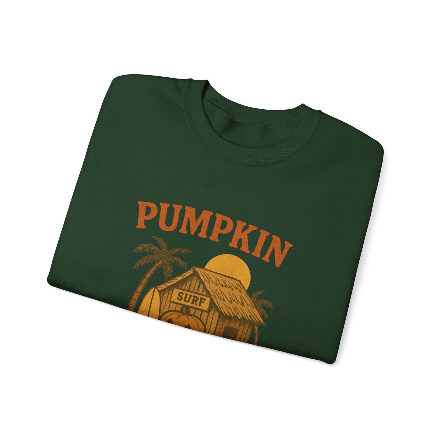Pumpkin Surf Shack Crewneck Sweatshirt, Cozy Fall Sweatshirt, Unisex Halloween Apparel, Casual Autumn Fashion, Surf Themed Gift