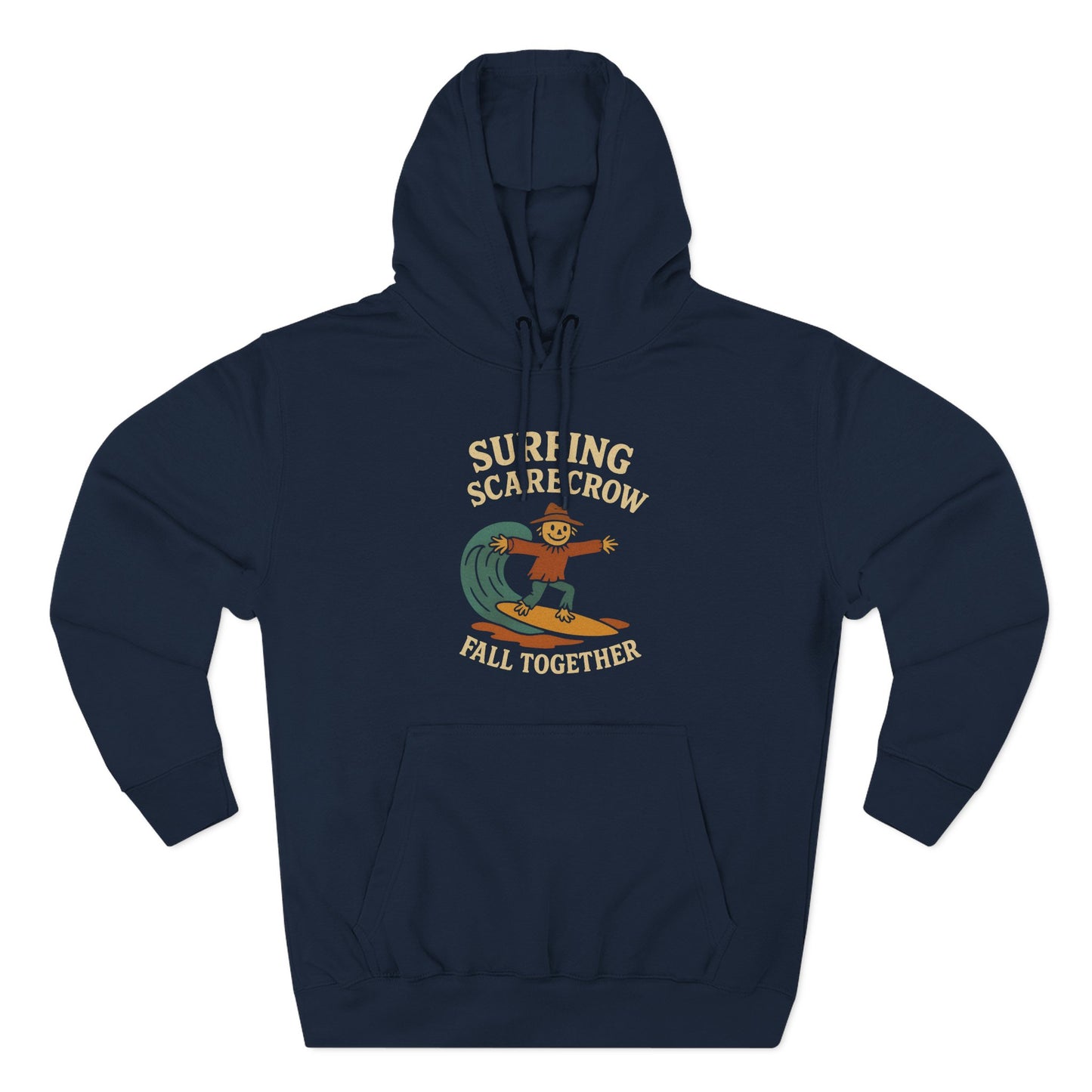Surfing Scarecrow Fleece Hoodie for Fall Season and Halloween, Three-Panel Sweatshirt, Autumn Jacket, Halloween Costume, Fall Fashion,