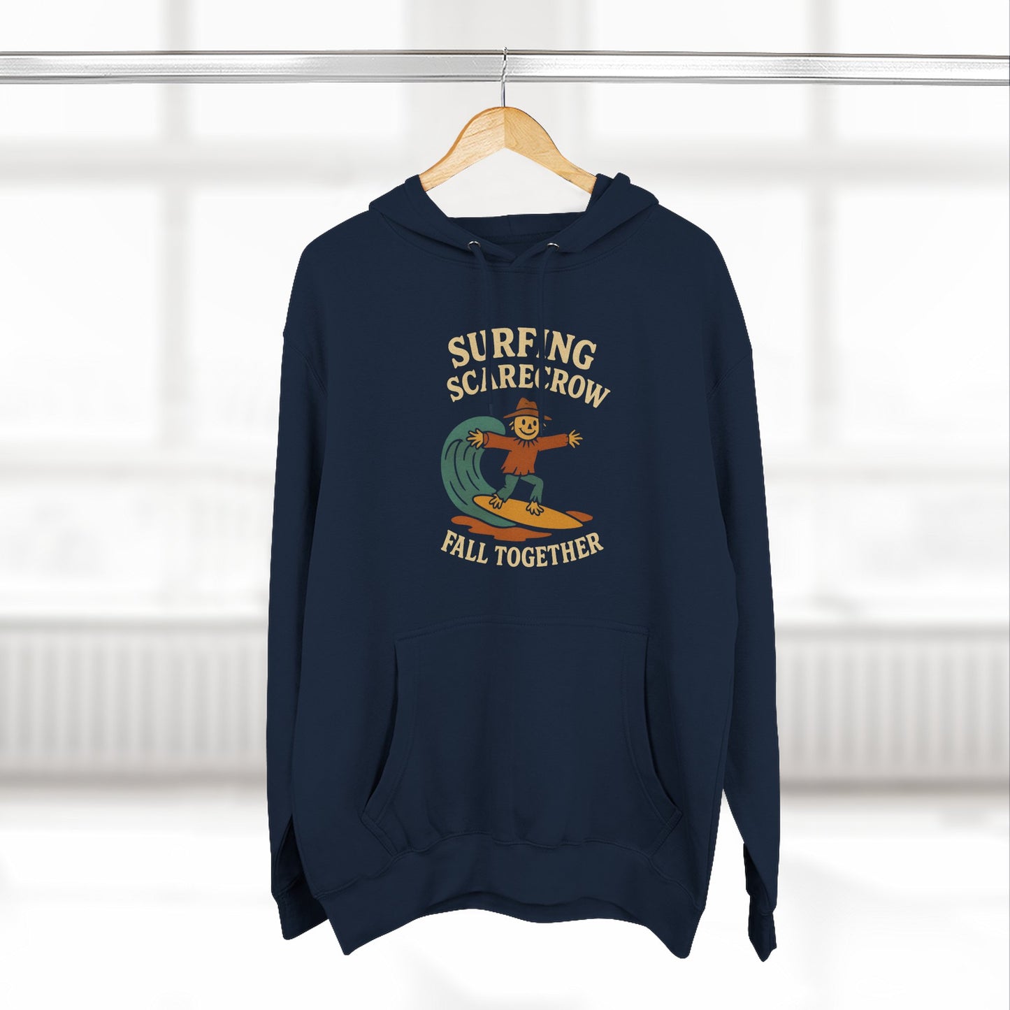 Surfing Scarecrow Fleece Hoodie for Fall Season and Halloween, Three-Panel Sweatshirt, Autumn Jacket, Halloween Costume, Fall Fashion,