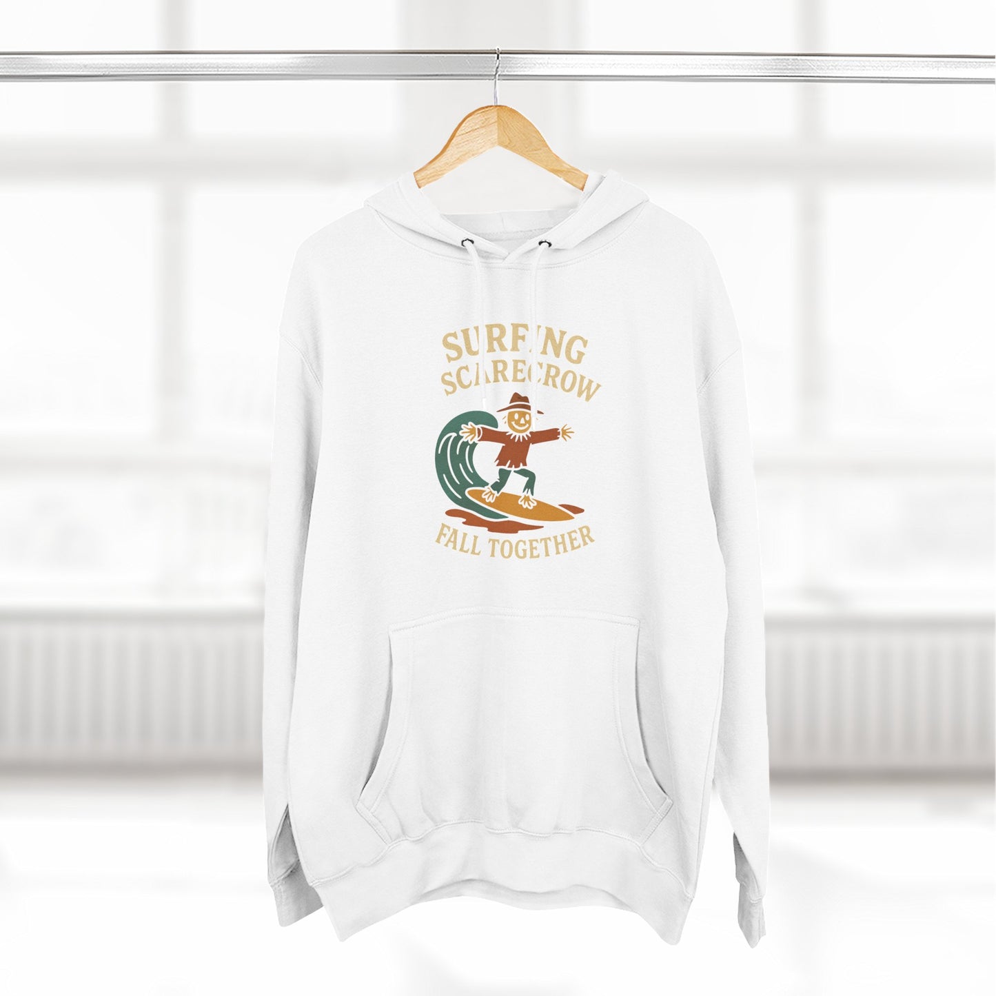Surfing Scarecrow Fleece Hoodie for Fall Season and Halloween, Three-Panel Sweatshirt, Autumn Jacket, Halloween Costume, Fall Fashion,