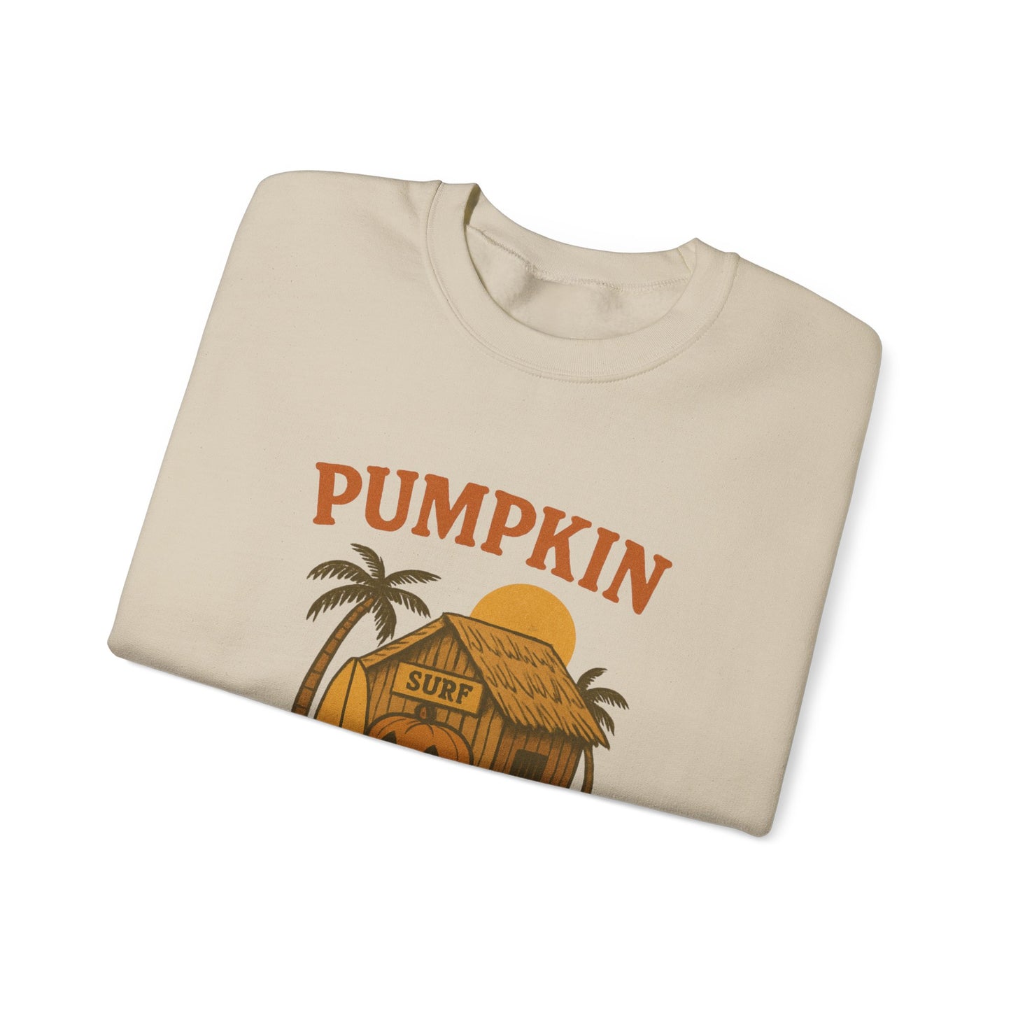 Pumpkin Surf Shack Crewneck Sweatshirt, Cozy Fall Sweatshirt, Unisex Halloween Apparel, Casual Autumn Fashion, Surf Themed Gift