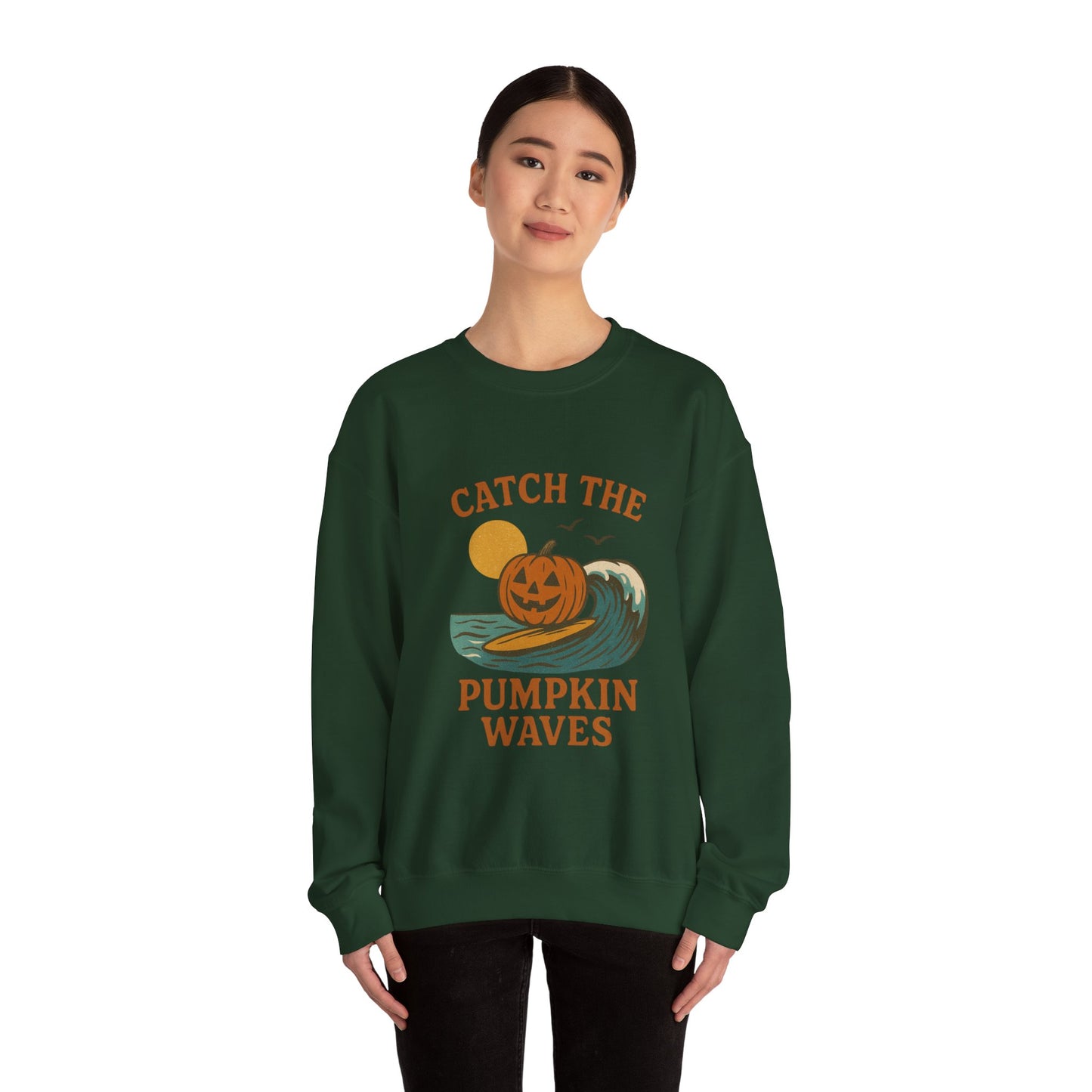 Catch the Pumpkin Waves Crewneck Sweatshirt | Cozy Fall Hoodie for Halloween, Gift for Pumpkin Lovers, Autumn Fashion, Casual Wear