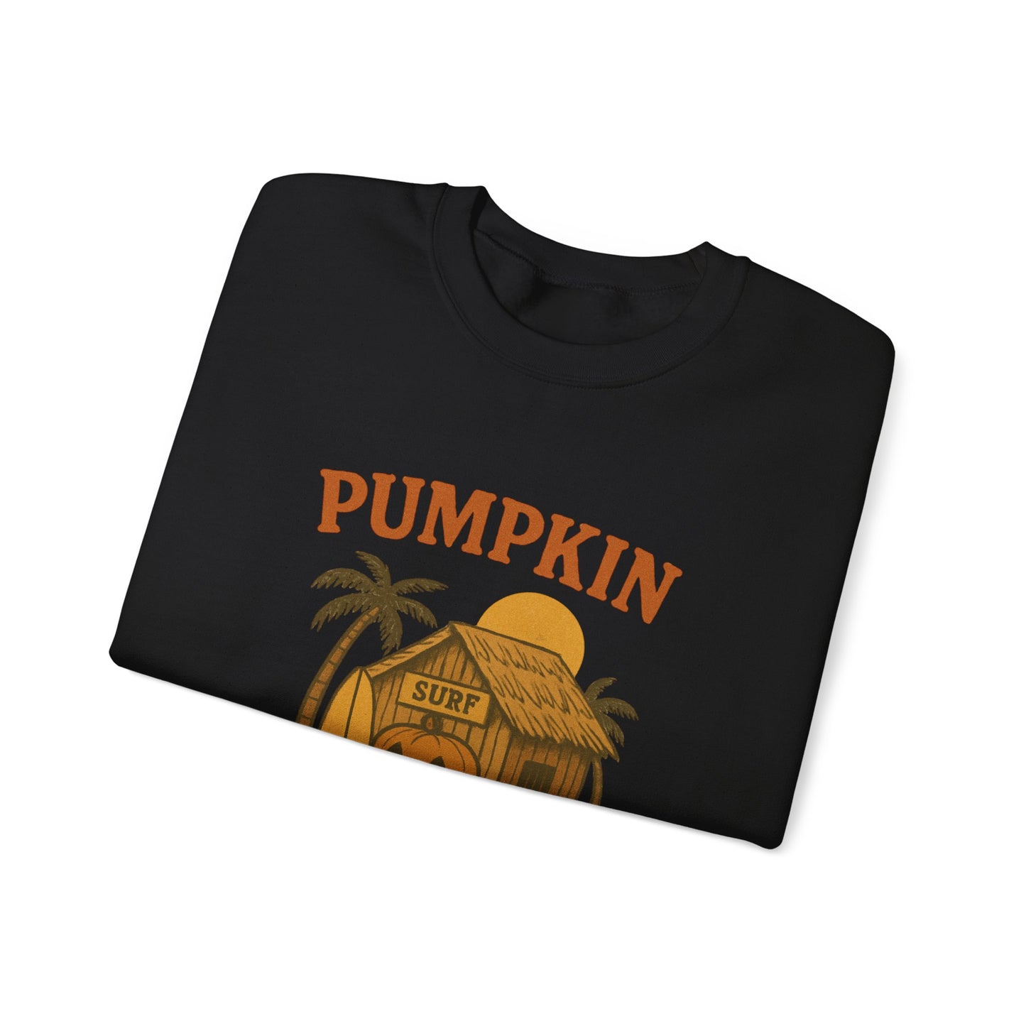 Pumpkin Surf Shack Crewneck Sweatshirt, Cozy Fall Sweatshirt, Unisex Halloween Apparel, Casual Autumn Fashion, Surf Themed Gift