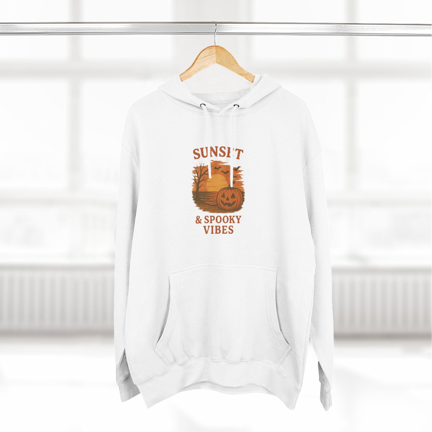 Cozy Halloween Hoodie, Spooky Sunset Fleece Pullover for Fall, Pumpkin Illustrative Sweater, Autumn Gift, Halloween Outfit