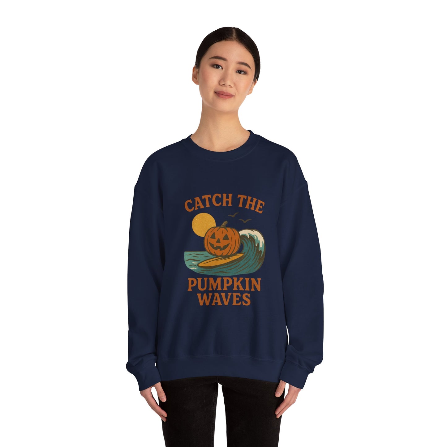 Catch the Pumpkin Waves Crewneck Sweatshirt | Cozy Fall Hoodie for Halloween, Gift for Pumpkin Lovers, Autumn Fashion, Casual Wear