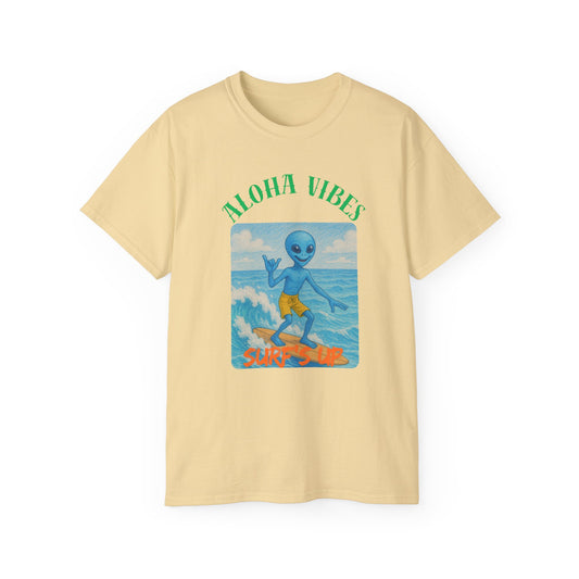 Aloha Vibes Alien Surfing T-Shirt, fun tees, silly tees, summer wear, alien theme, aloha